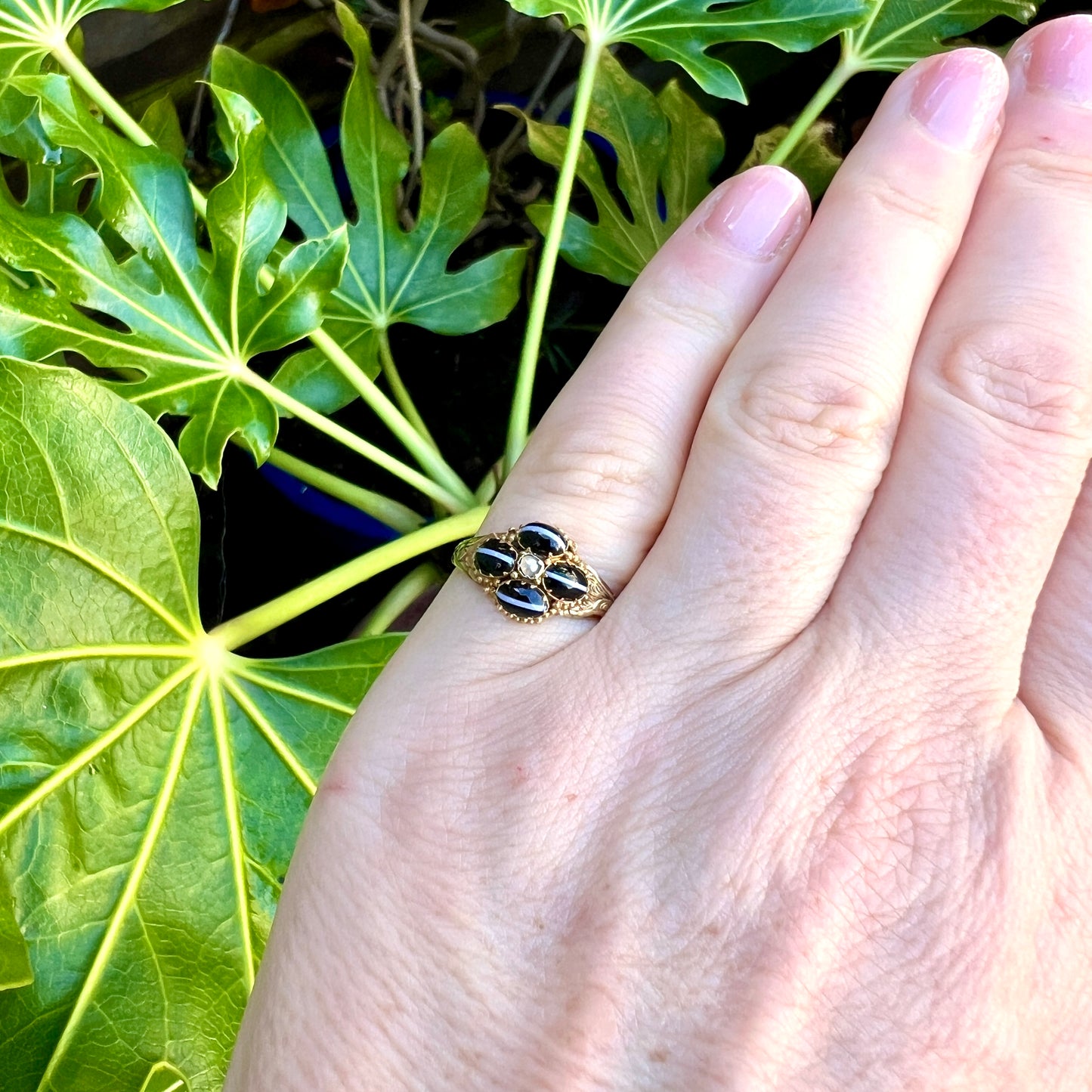 Georgian/Victorian Banded Agate Pearl Cross Ring