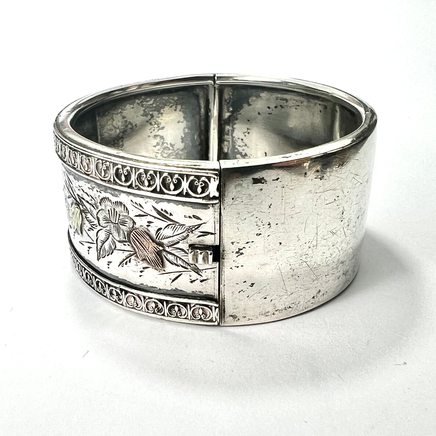 Victorian Silver and Gold Hinged Flower Bangle