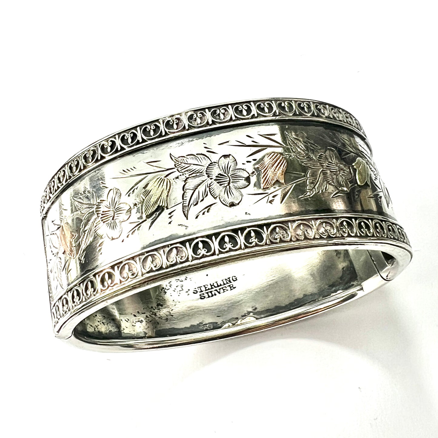 Victorian Silver and Gold Hinged Flower Bangle
