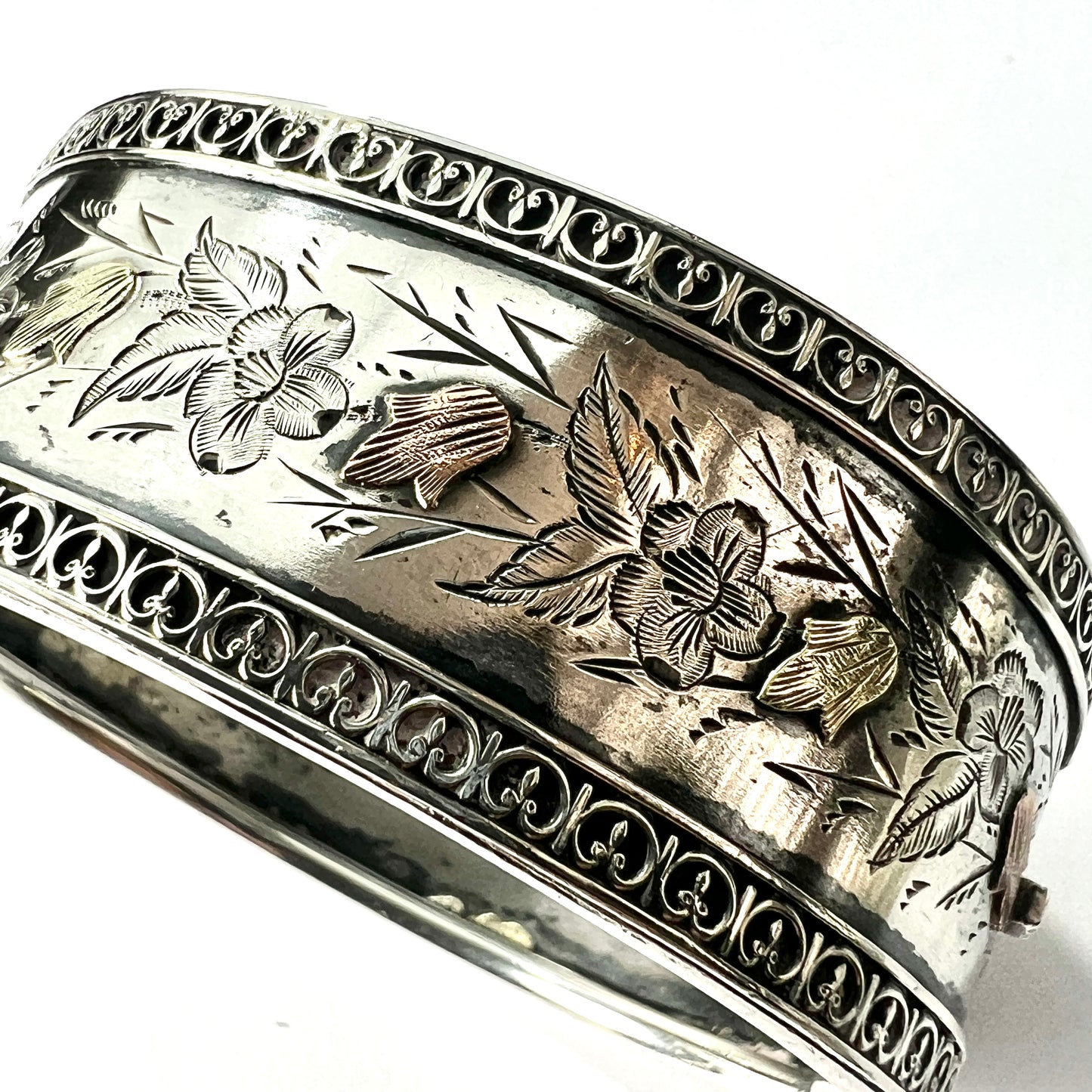 Victorian Silver and Gold Hinged Flower Bangle