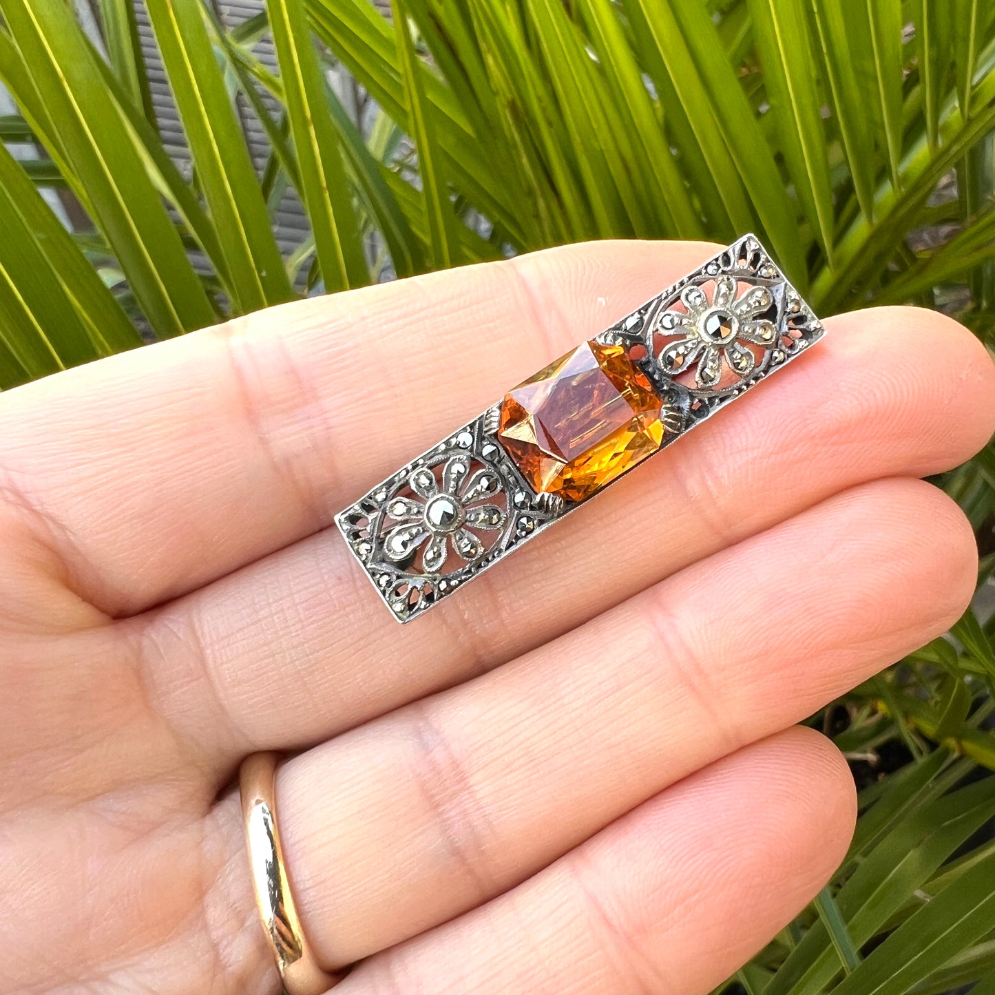 Edwardian Silver Citrine Marcasite Brooch