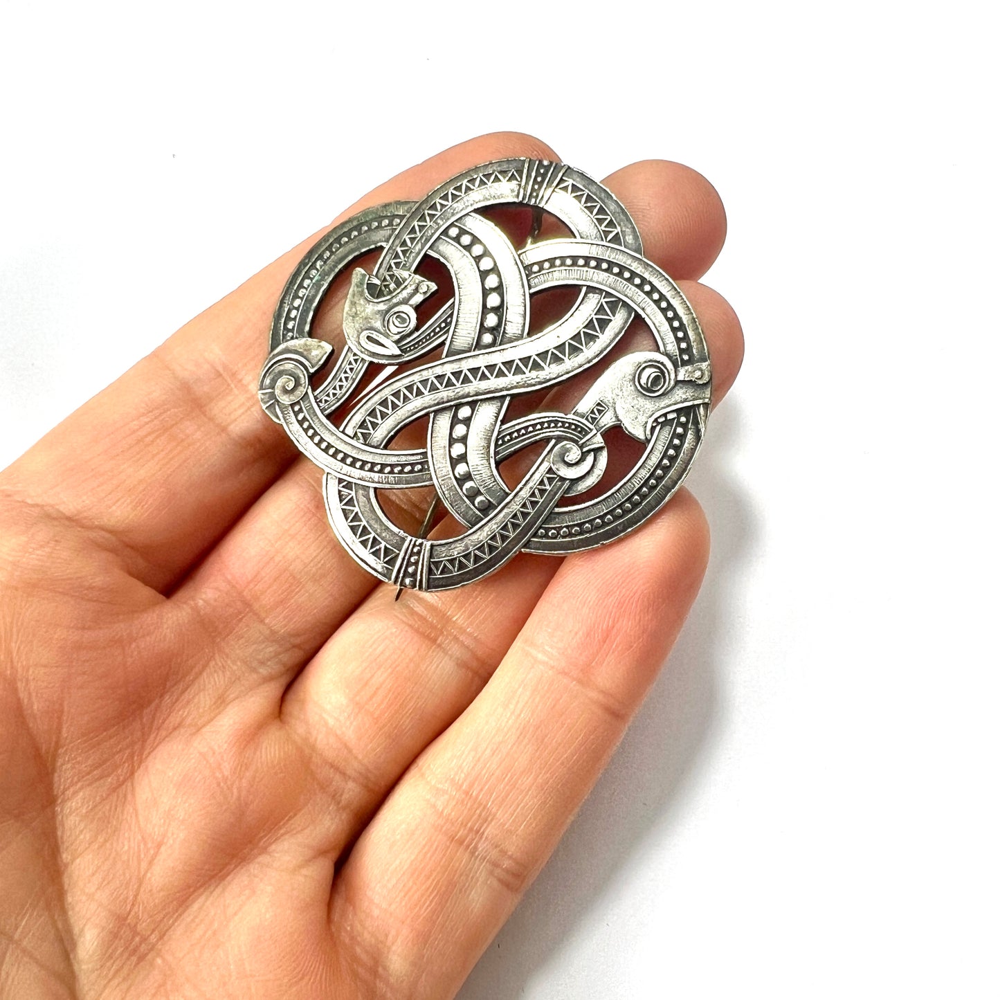 Large Antique Norwegian Arts and Crafts Silver Dragestil Brooch