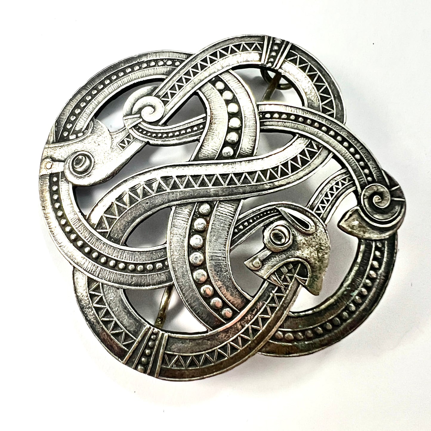 Large Antique Norwegian Arts and Crafts Silver Dragestil Brooch
