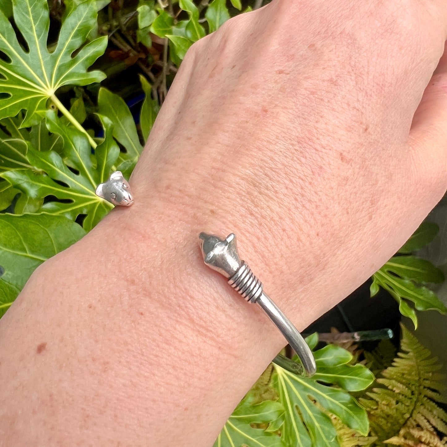 Vintage Sterling Silver Cat Head Torc Bangle