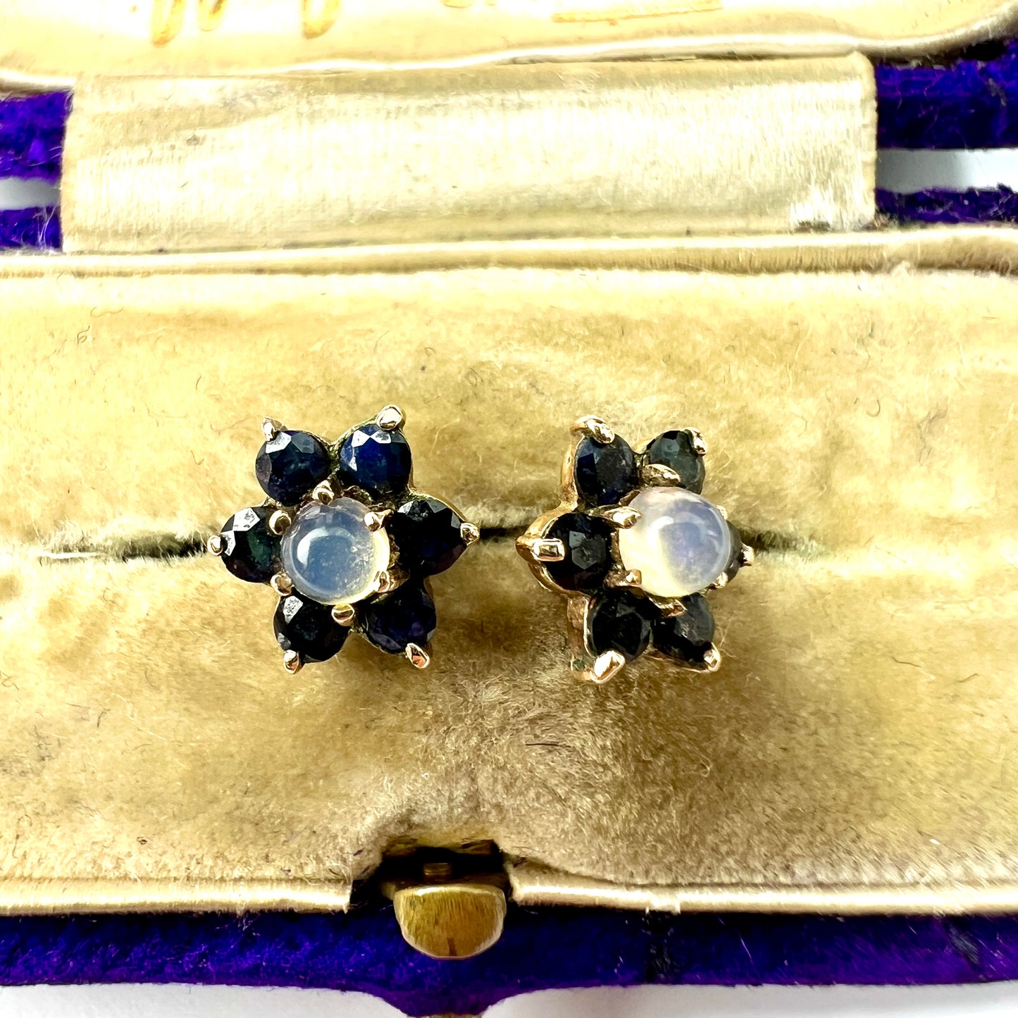 Vintage 9CT Gold Moonstone and Sapphire Star Flower Earrings