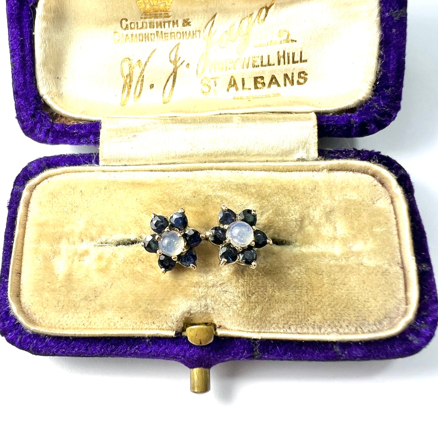 Vintage 9CT Gold Moonstone and Sapphire Star Flower Earrings