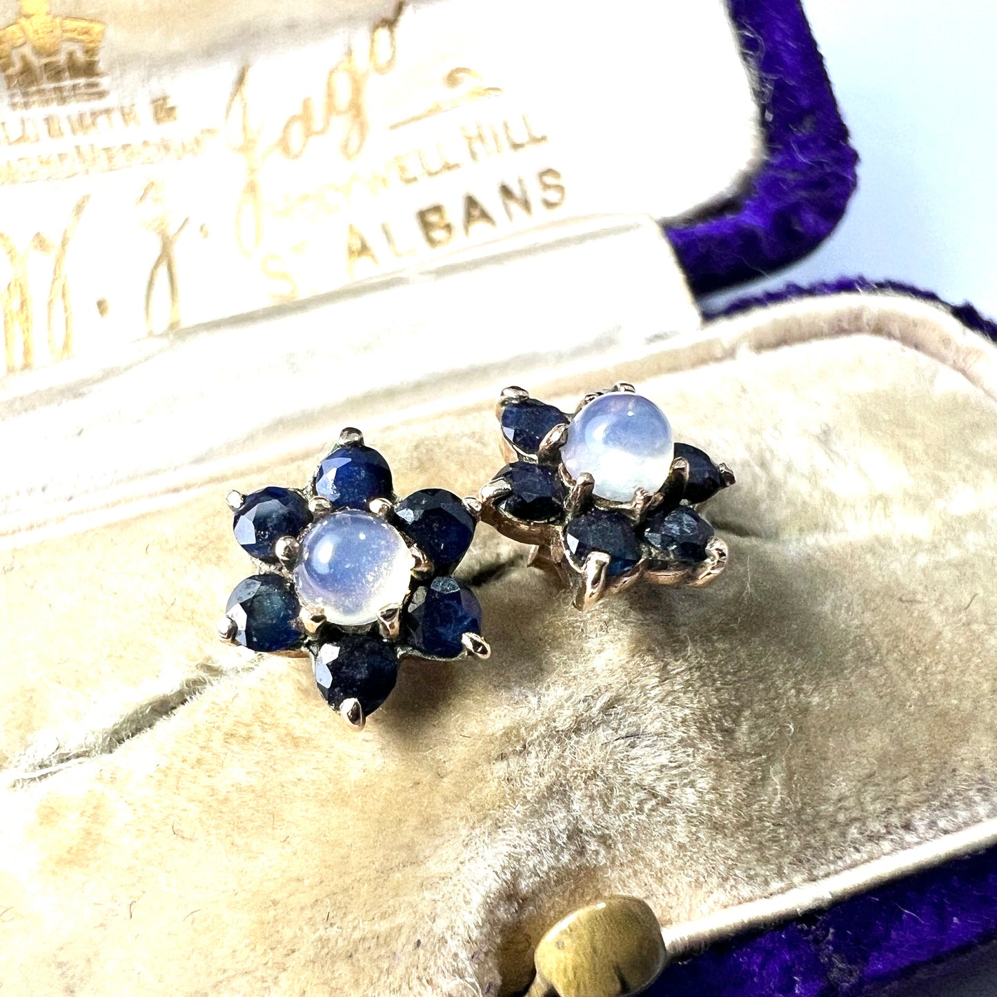 Vintage 9CT Gold Moonstone and Sapphire Star Flower Earrings