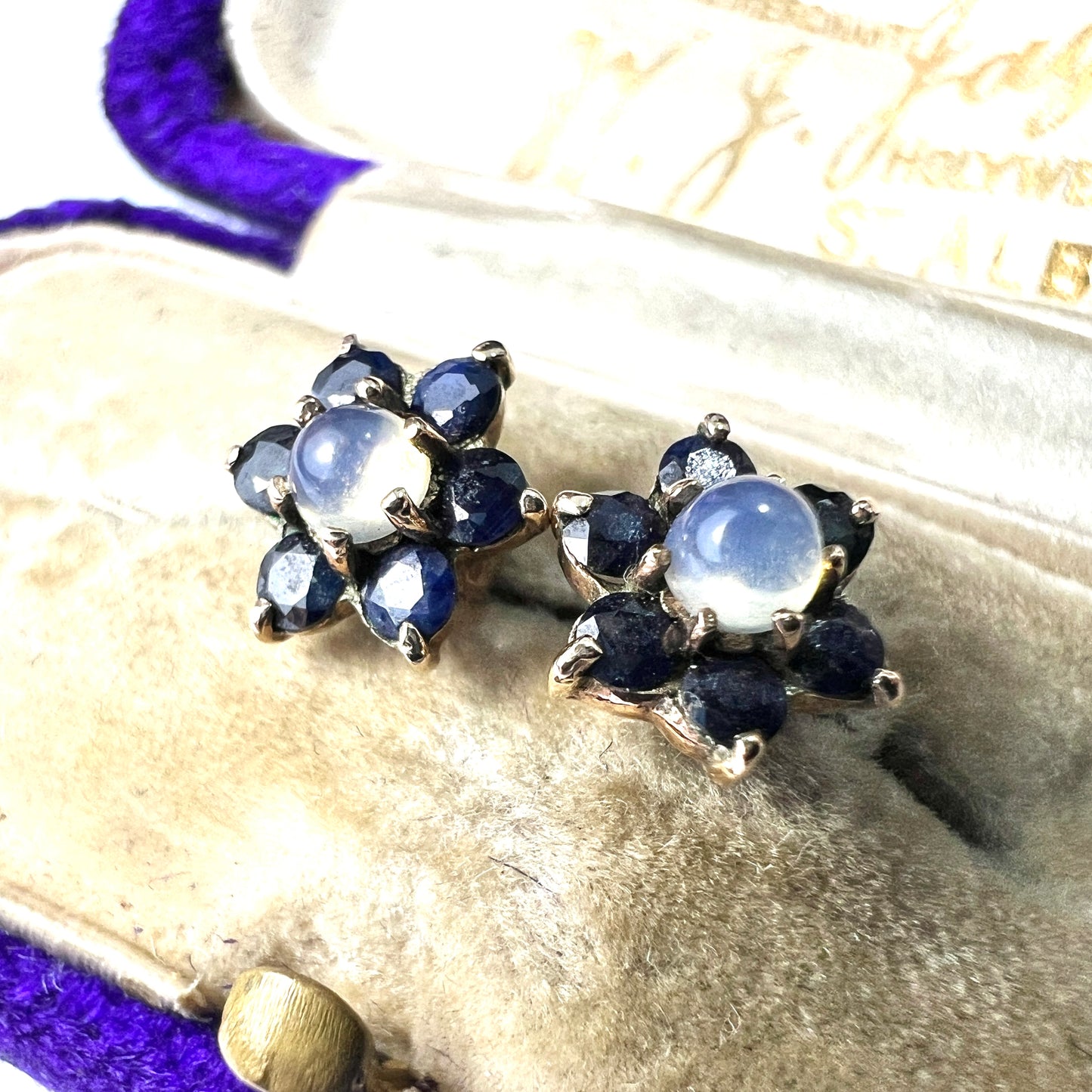 Vintage 9CT Gold Moonstone and Sapphire Star Flower Earrings