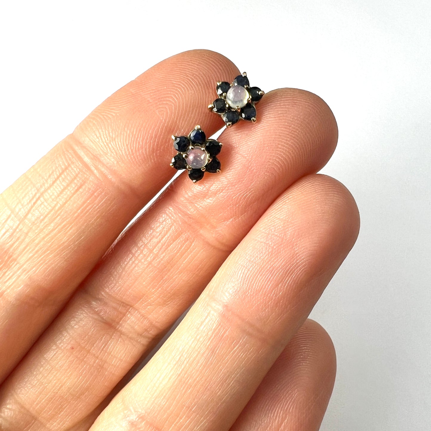 Vintage 9CT Gold Moonstone and Sapphire Star Flower Earrings
