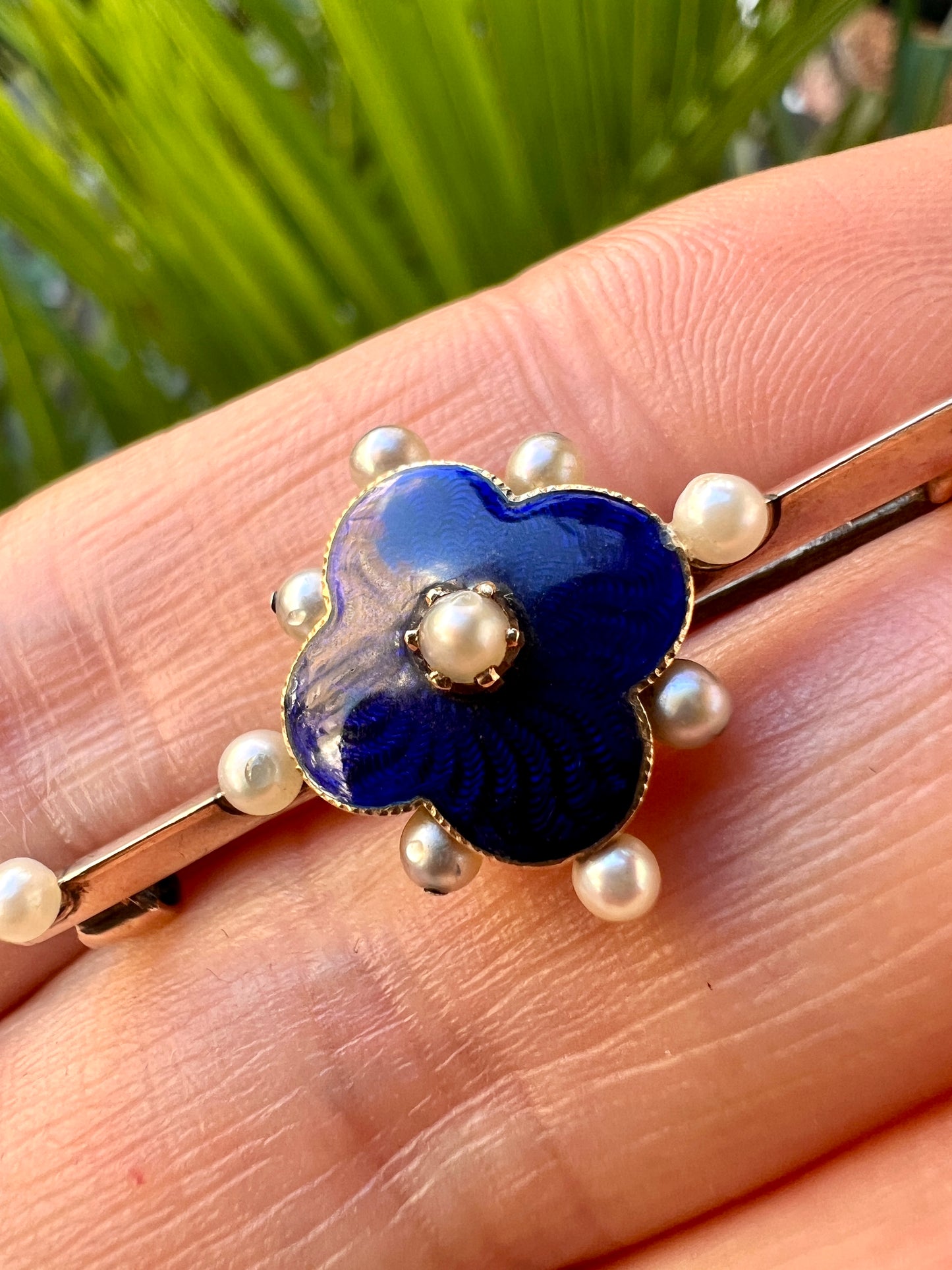Edwardian Gold and Silver Blue Enamel Pearl Brooch