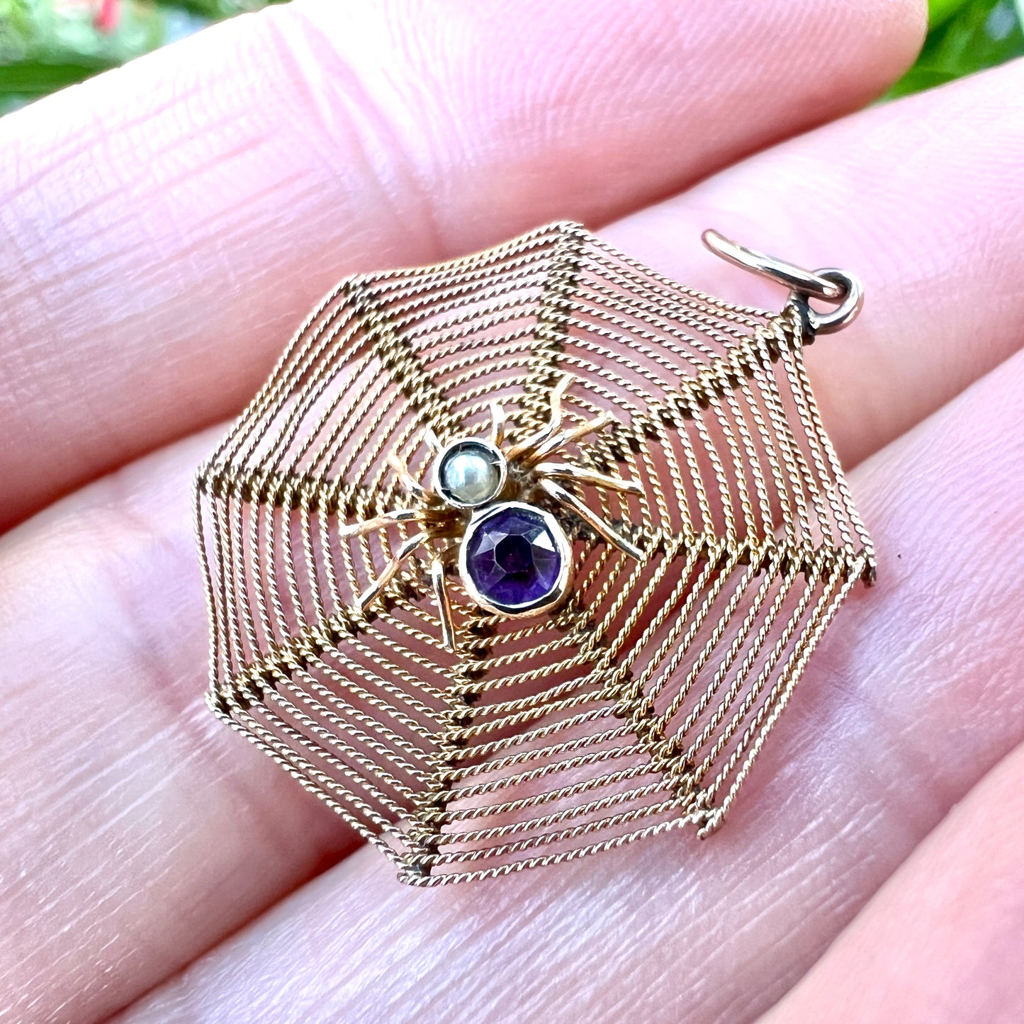 Edwardian 9CT Gold Amethyst and Pearl Spider Web Pendant