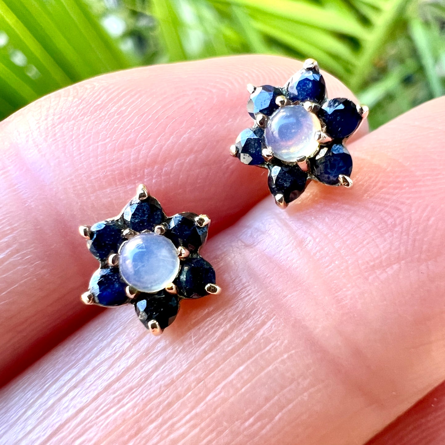 Vintage 9CT Gold Moonstone and Sapphire Star Flower Earrings