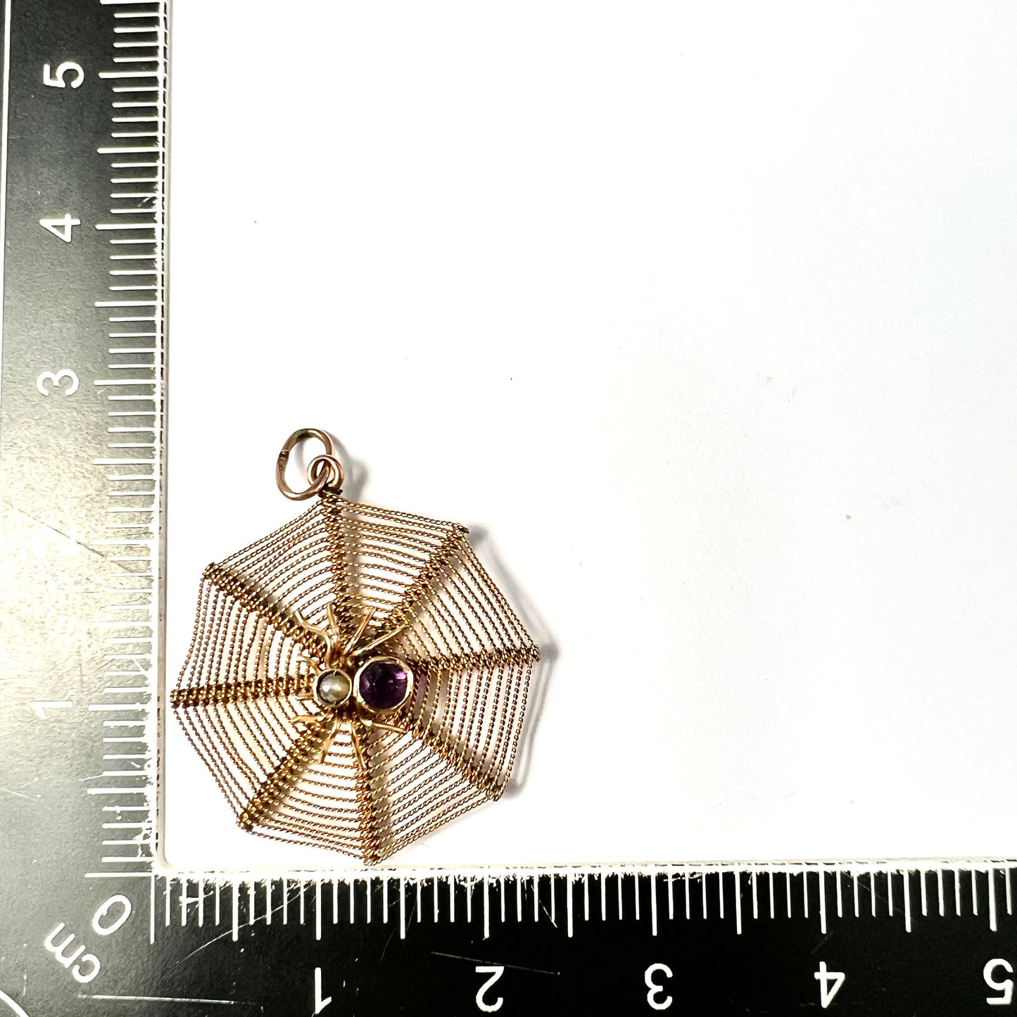 Edwardian 9CT Gold Amethyst and Pearl Spider Web Pendant