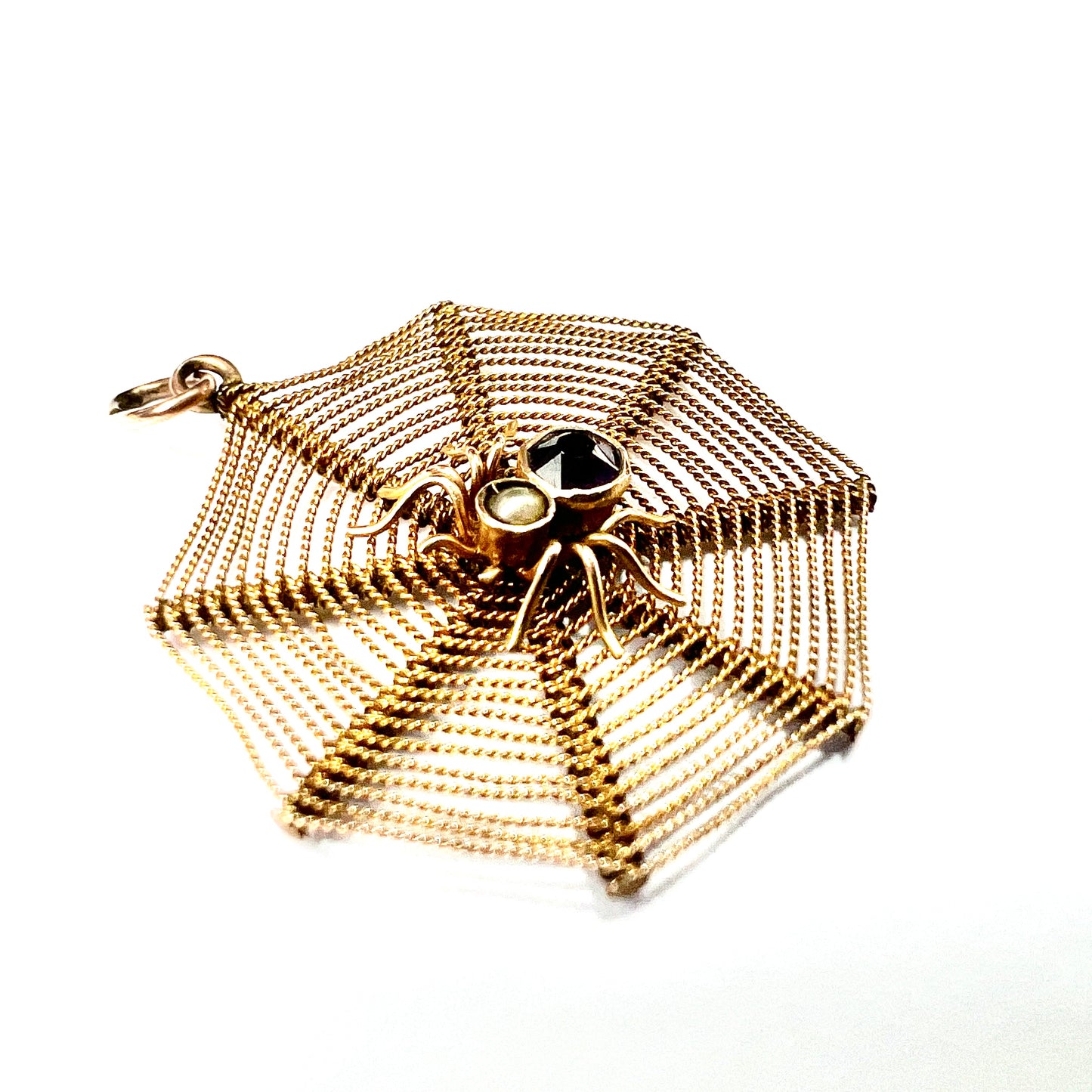 Edwardian 9CT Gold Amethyst and Pearl Spider Web Pendant