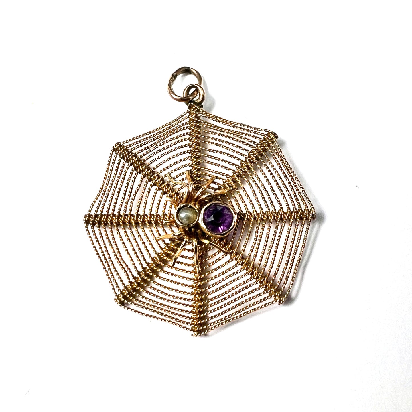 Edwardian 9CT Gold Amethyst and Pearl Spider Web Pendant