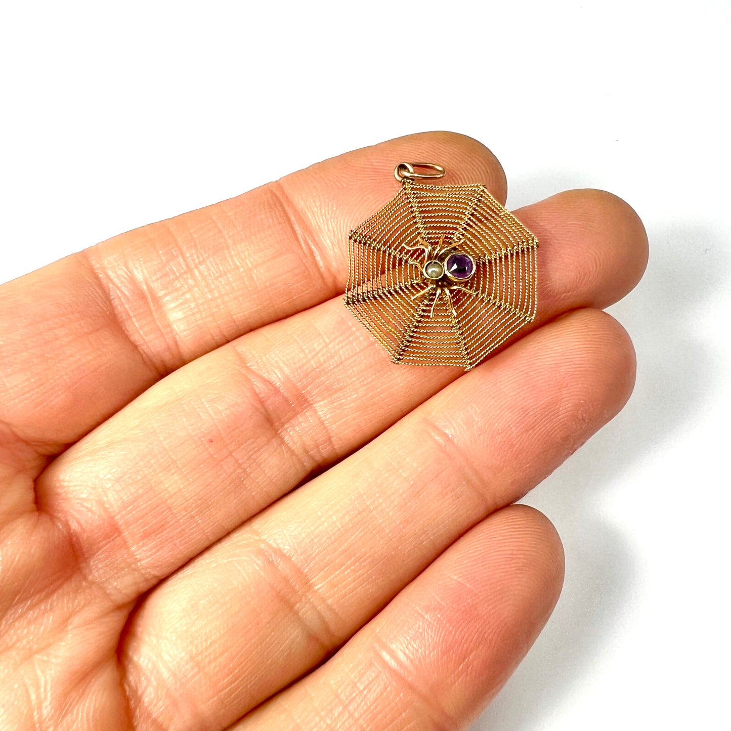 Edwardian 9CT Gold Amethyst and Pearl Spider Web Pendant