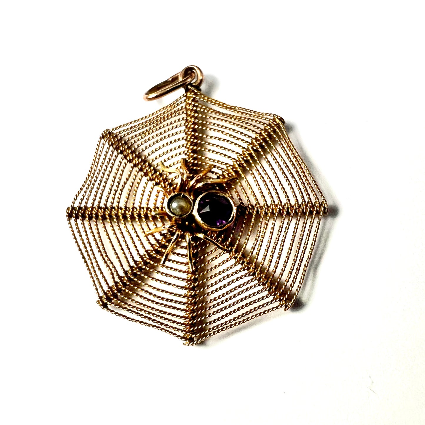 Edwardian 9CT Gold Amethyst and Pearl Spider Web Pendant
