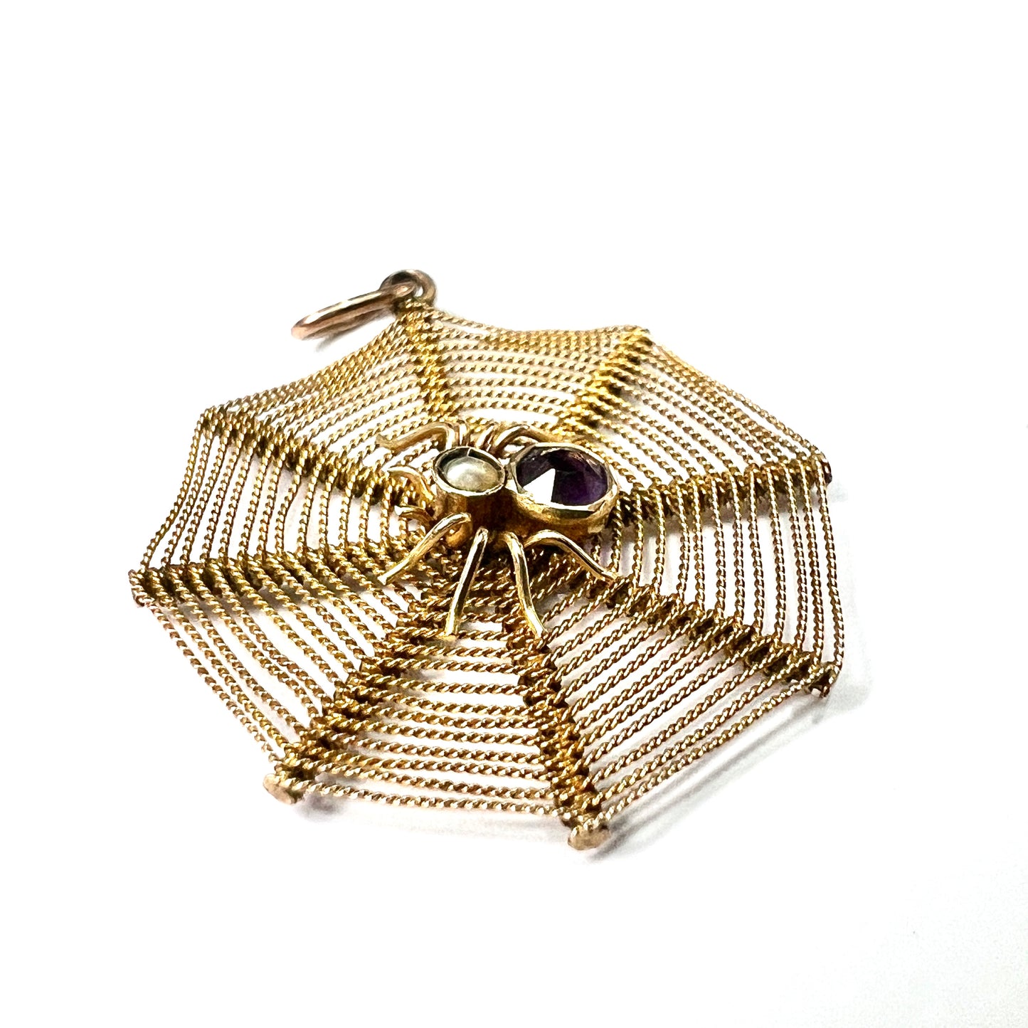 Edwardian 9CT Gold Amethyst and Pearl Spider Web Pendant