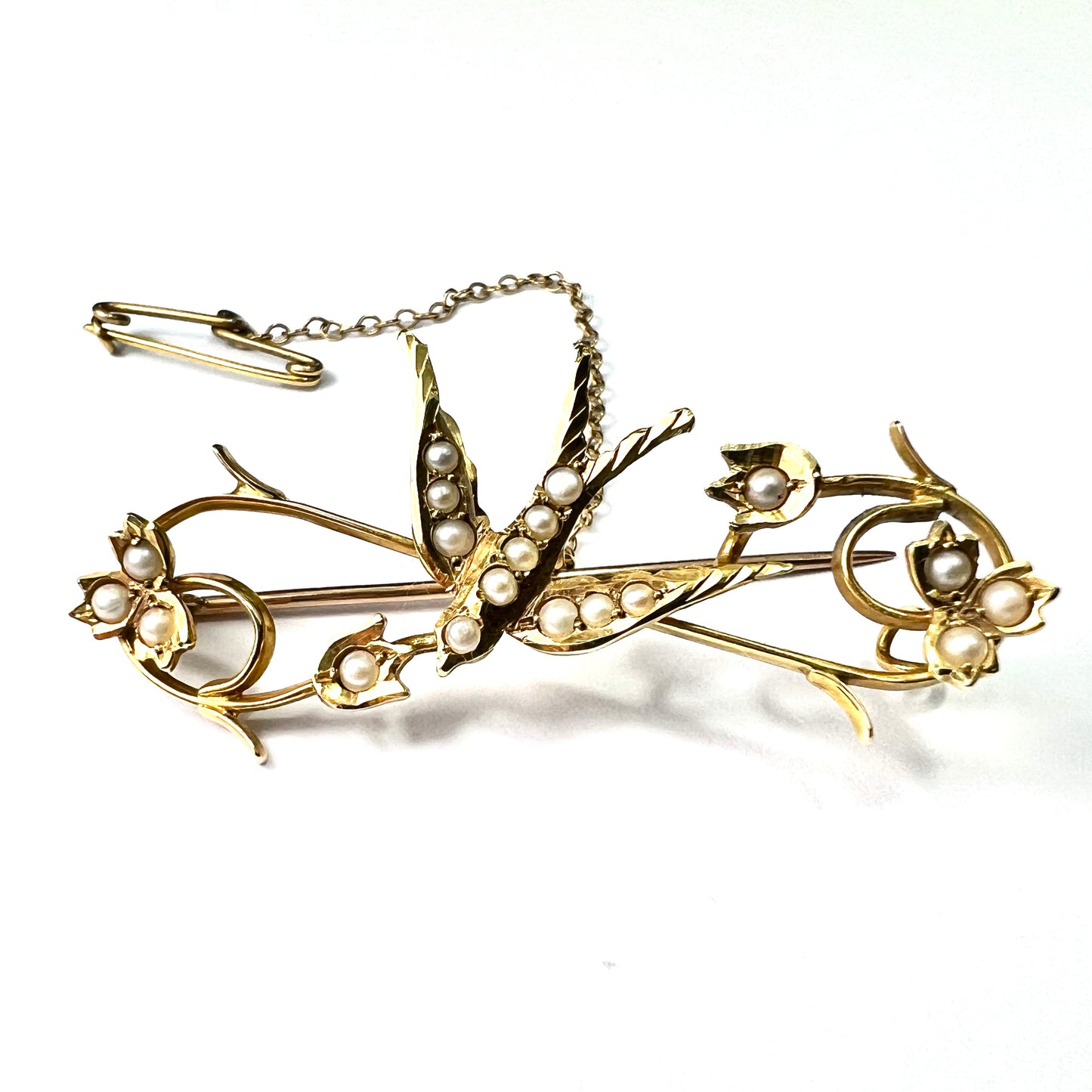 Boxed Edwardian 15CT Gold Pearl Swallow Bird Brooch