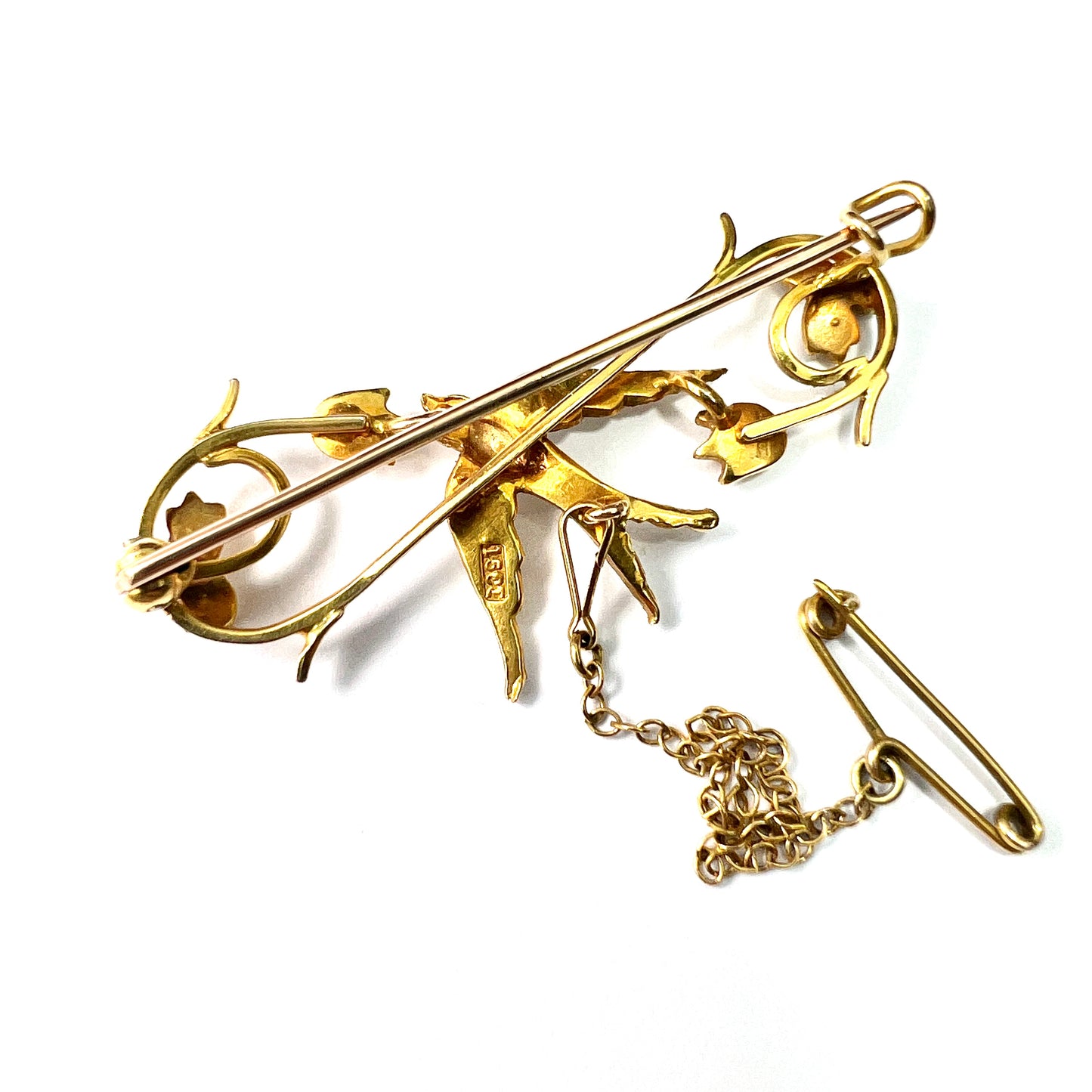 Boxed Edwardian 15CT Gold Pearl Swallow Bird Brooch