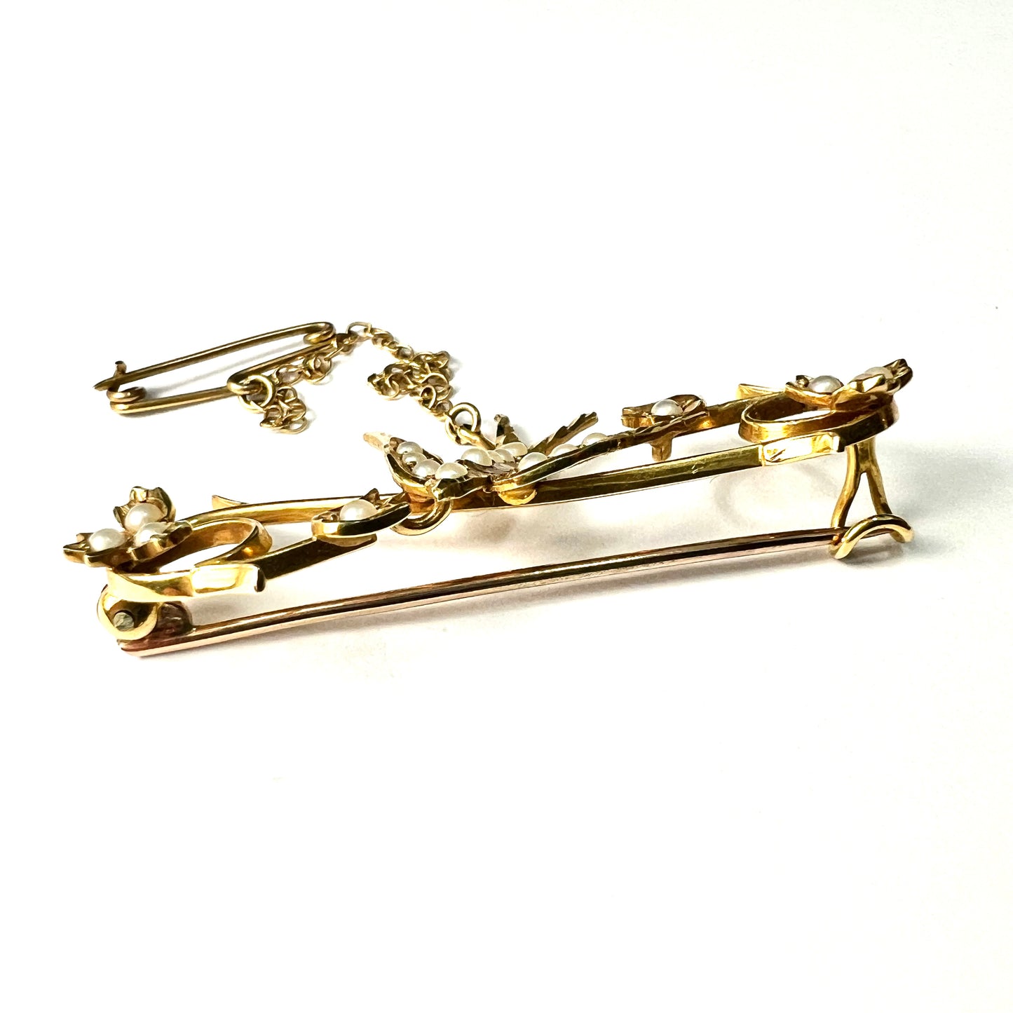 Boxed Edwardian 15CT Gold Pearl Swallow Bird Brooch