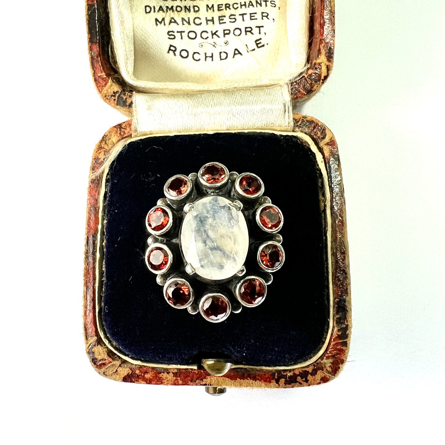 Vintage Garnet and White Labradorite Silver Halo Ring