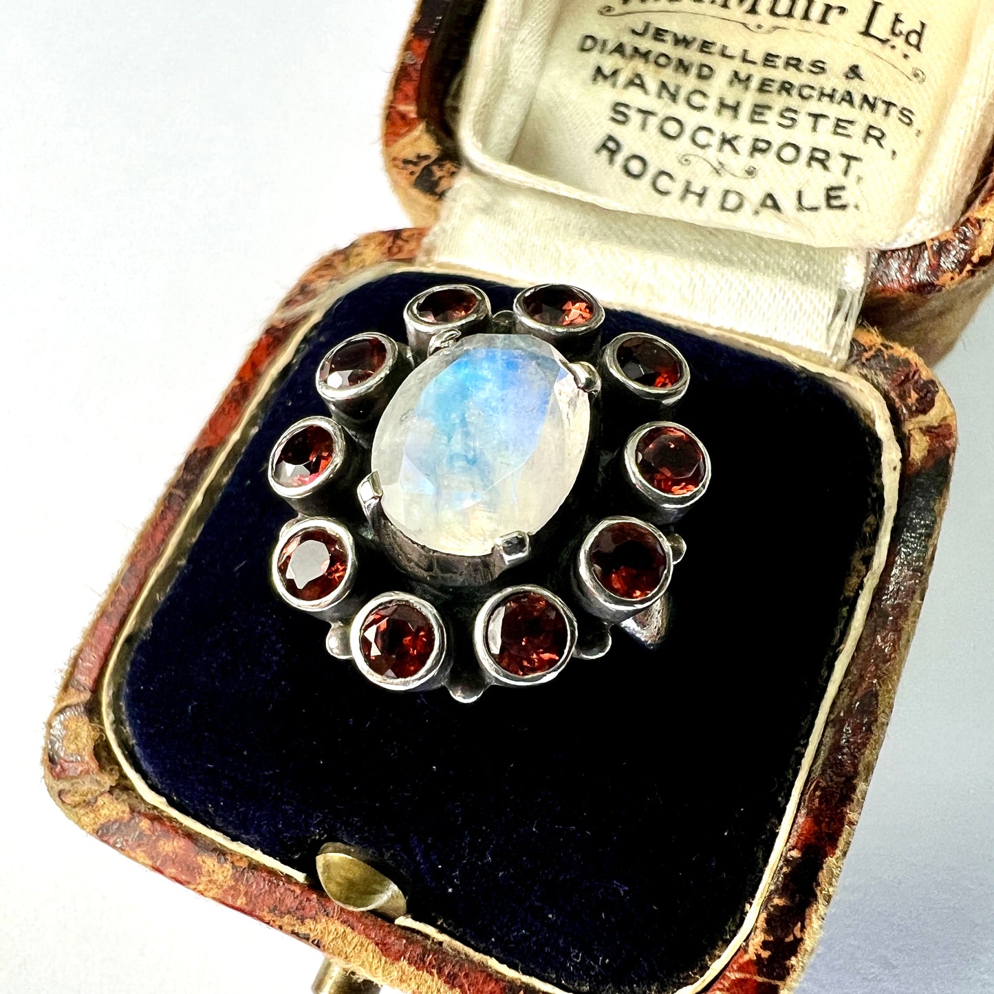 Vintage Garnet and White Labradorite Silver Halo Ring