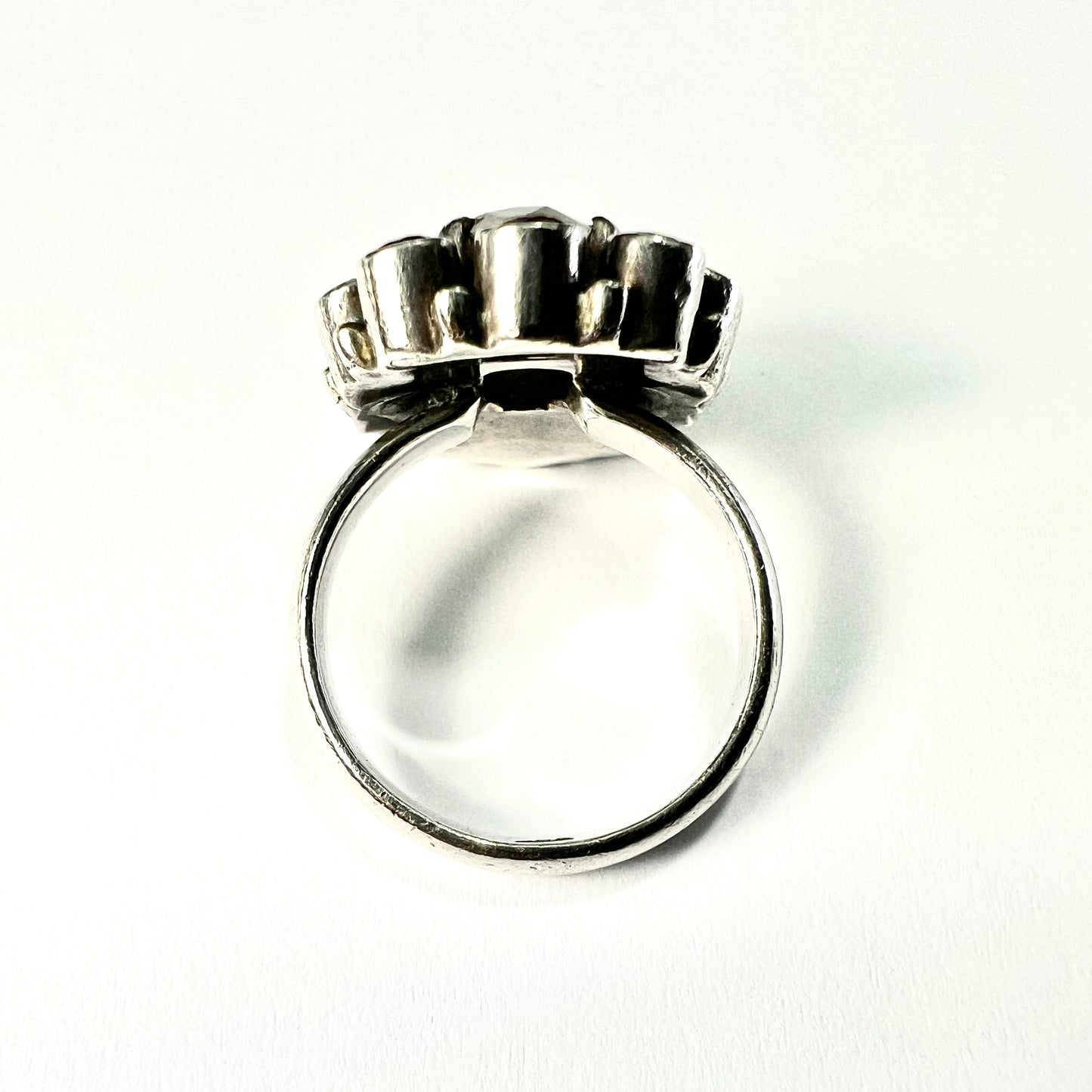 Vintage Garnet and White Labradorite Silver Halo Ring