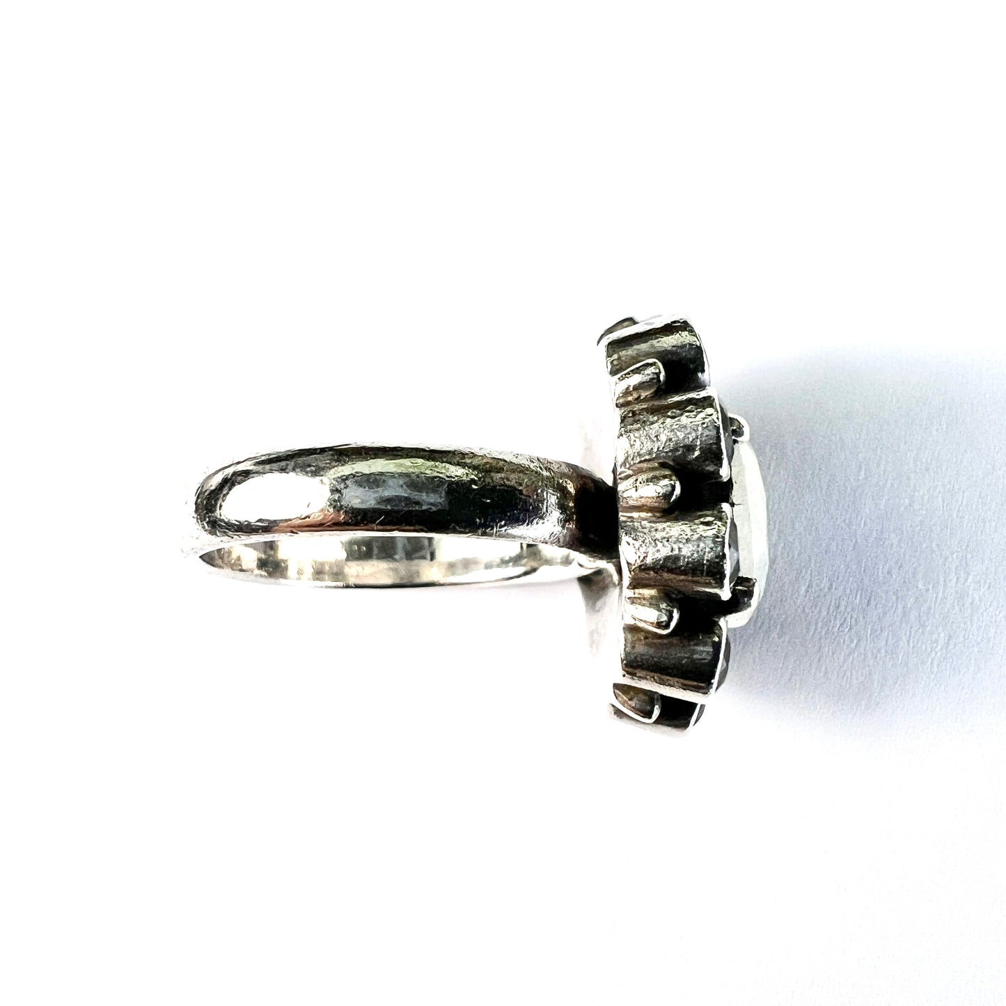 Vintage Garnet and White Labradorite Silver Halo Ring