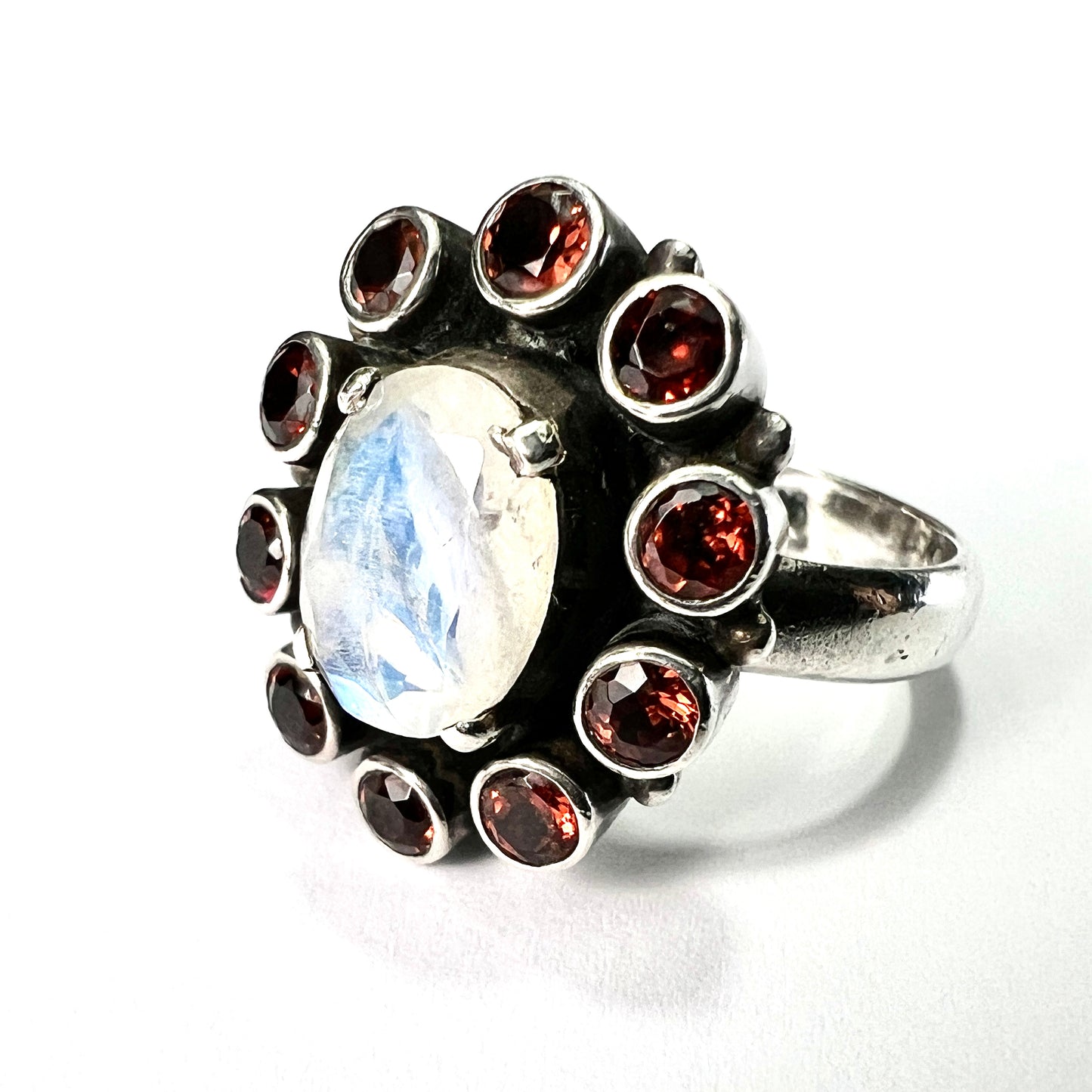 Vintage Garnet and White Labradorite Silver Halo Ring