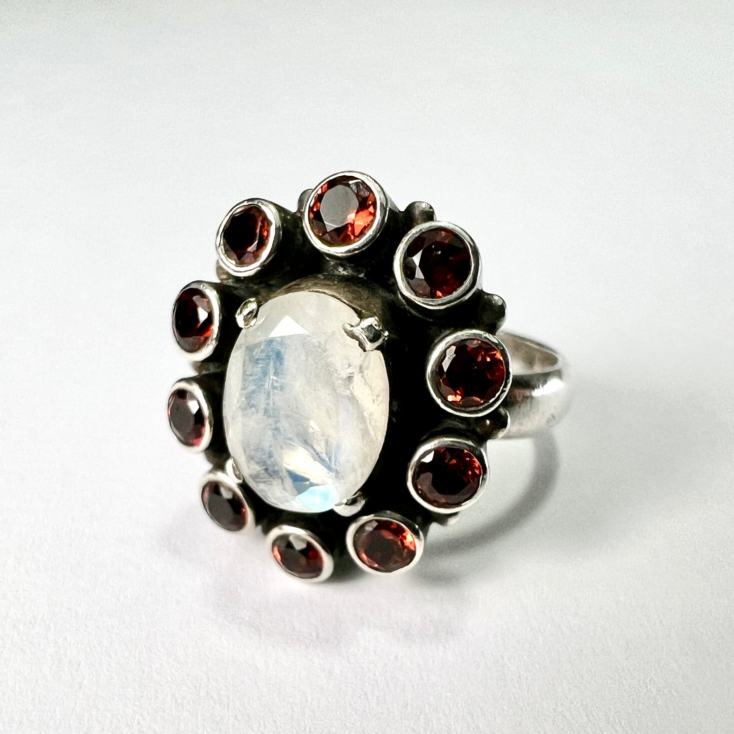 Vintage Garnet and White Labradorite Silver Halo Ring