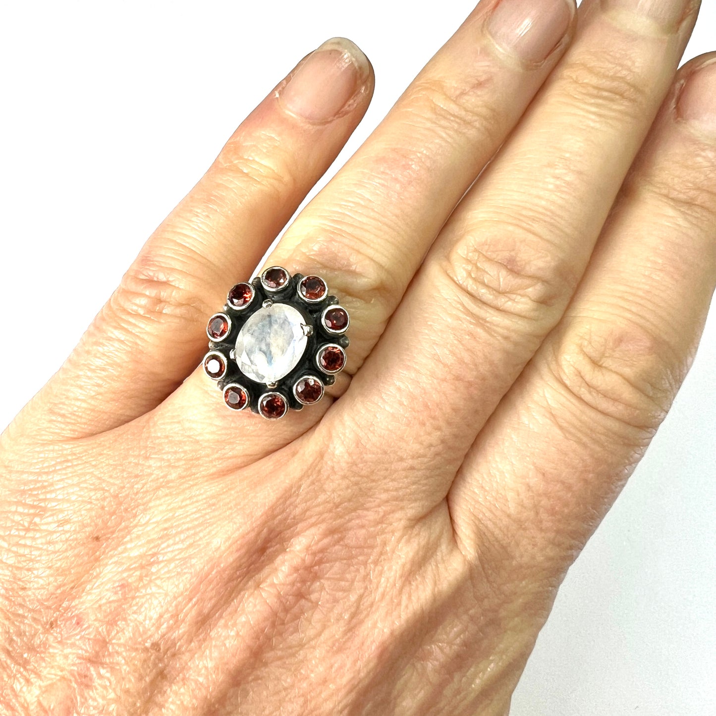 Vintage Garnet and White Labradorite Silver Halo Ring