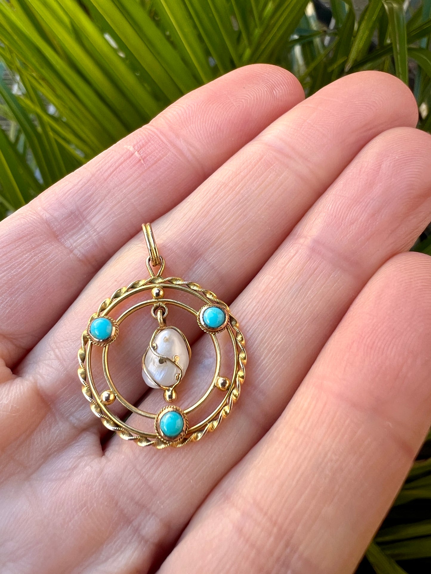 Edwardian Turquoise Pearl 15CT Gold Pendant Necklace