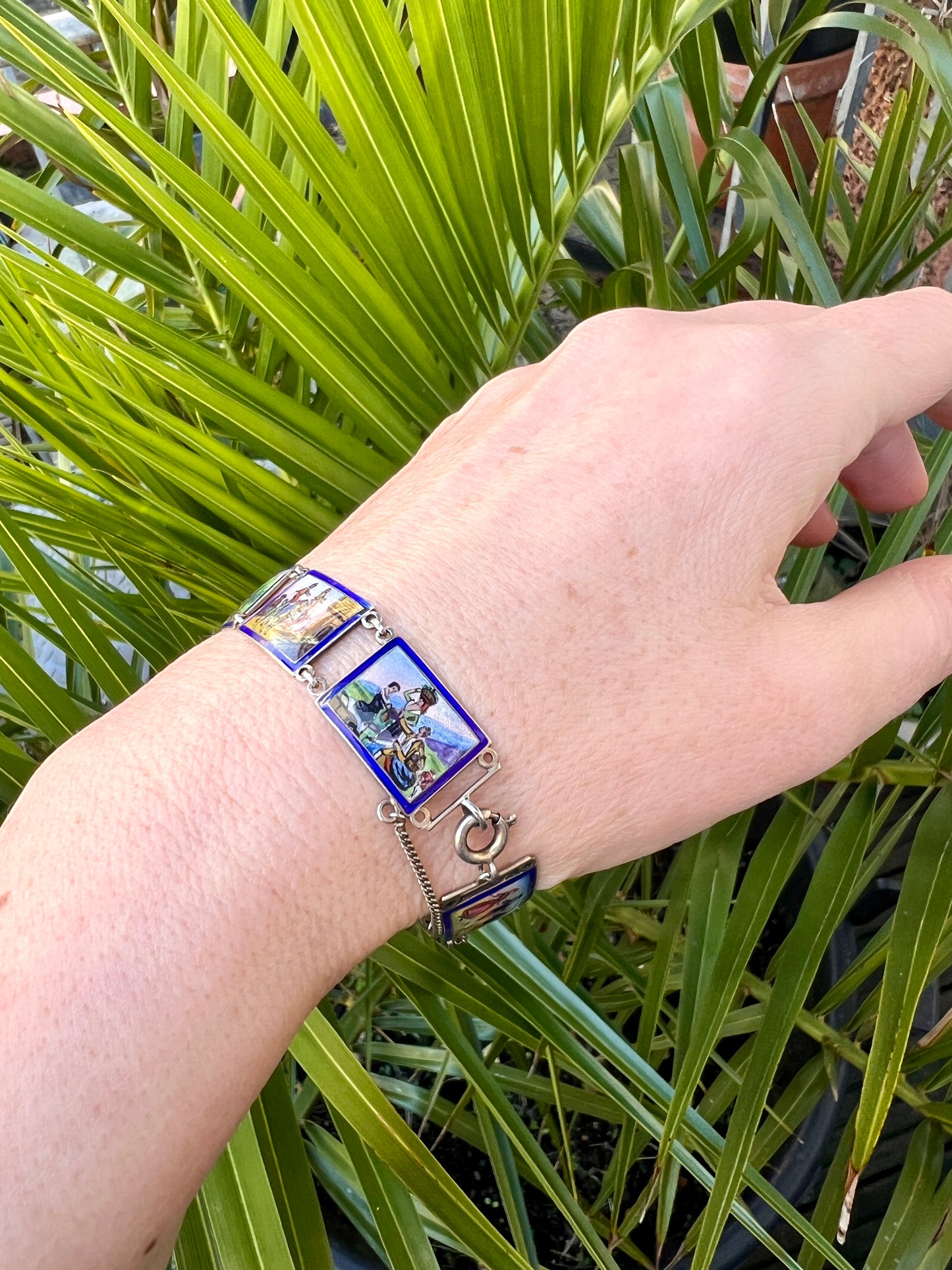 Vintage Hand Painted Enamel Miniature Silver Panel Bracelet