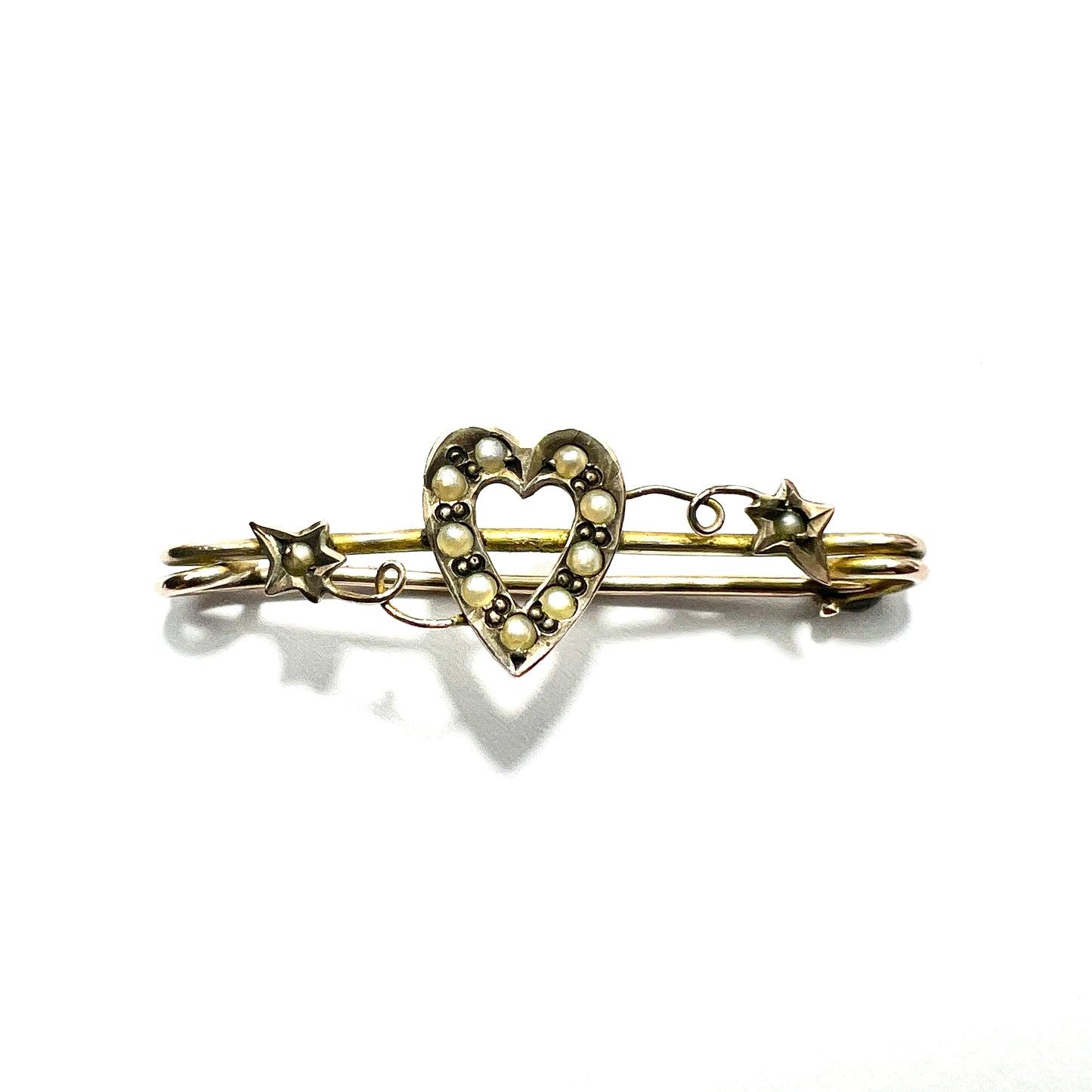 Edwardian 9CT Gold Pearl Heart and Ivy Safety Pin Brooch