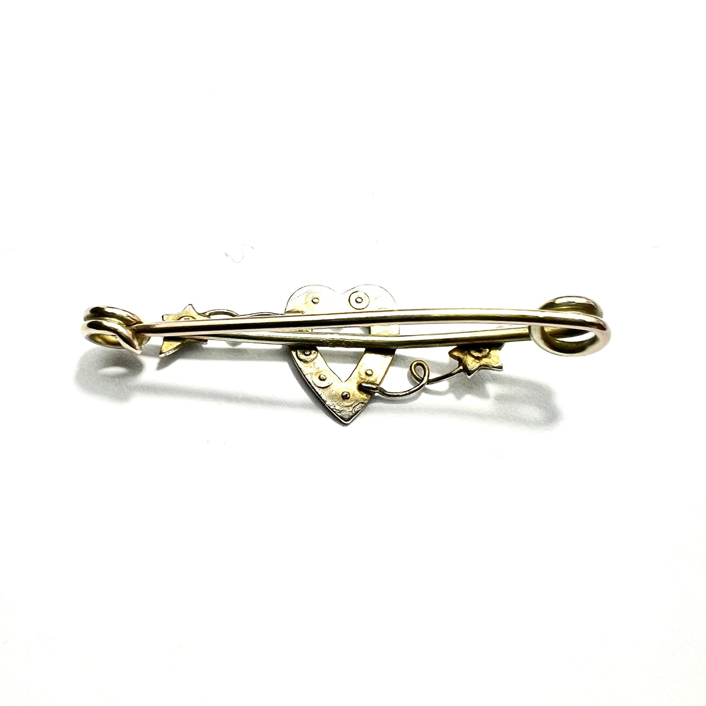 Edwardian 9CT Gold Pearl Heart and Ivy Safety Pin Brooch