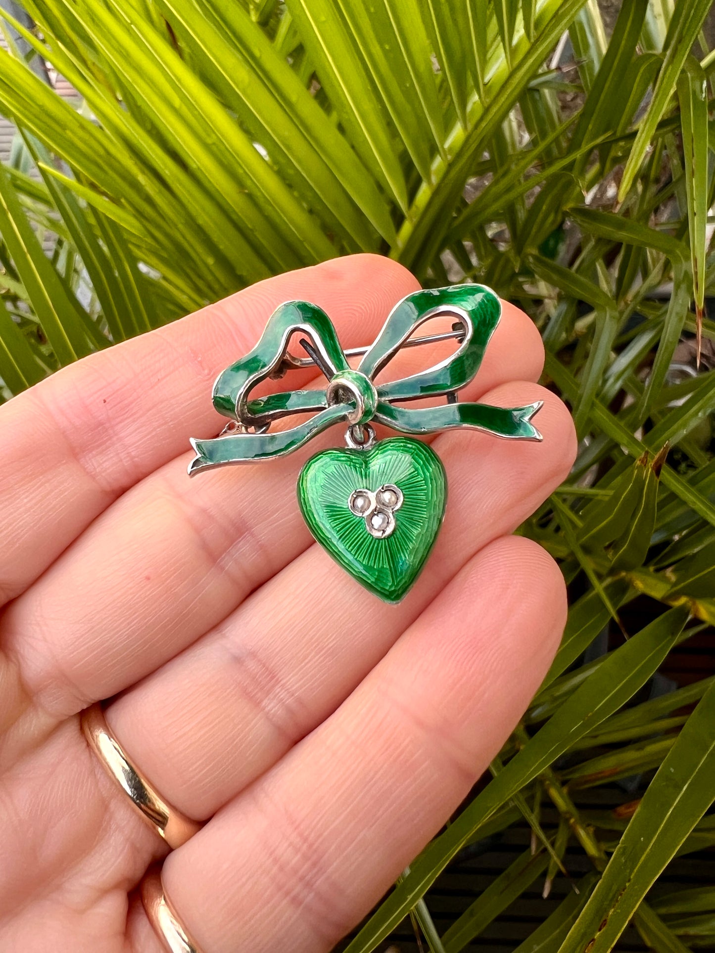 Antique Green Enamel Silver Heart and Bow Brooch