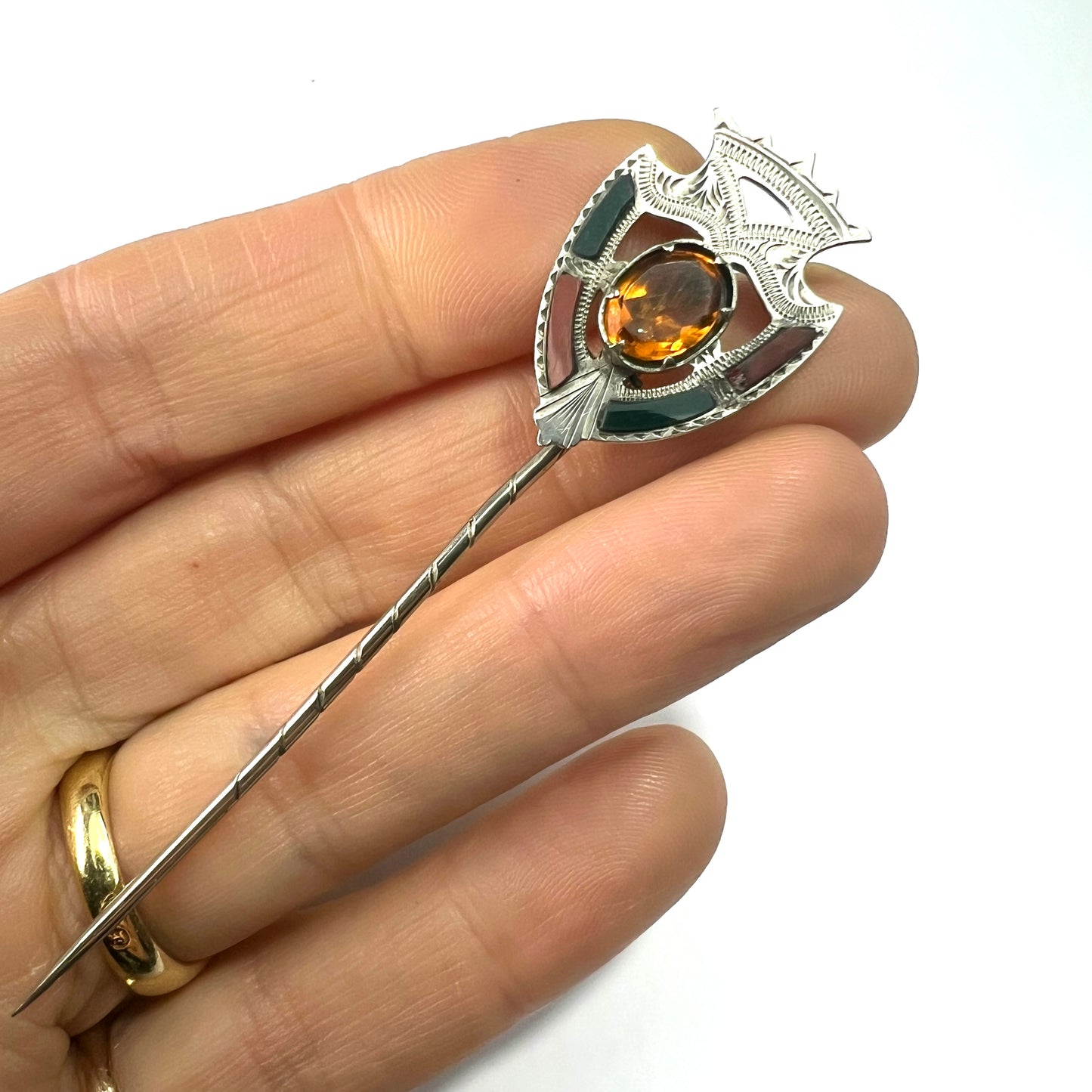 Victorian Scottish Silver Citrine and Agate Stick Pin
