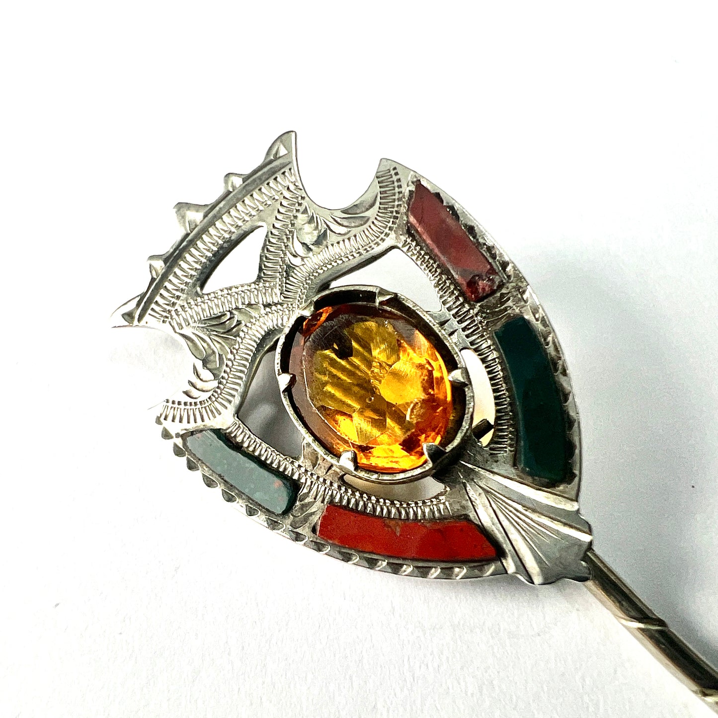 Victorian Scottish Silver Citrine and Agate Stick Pin