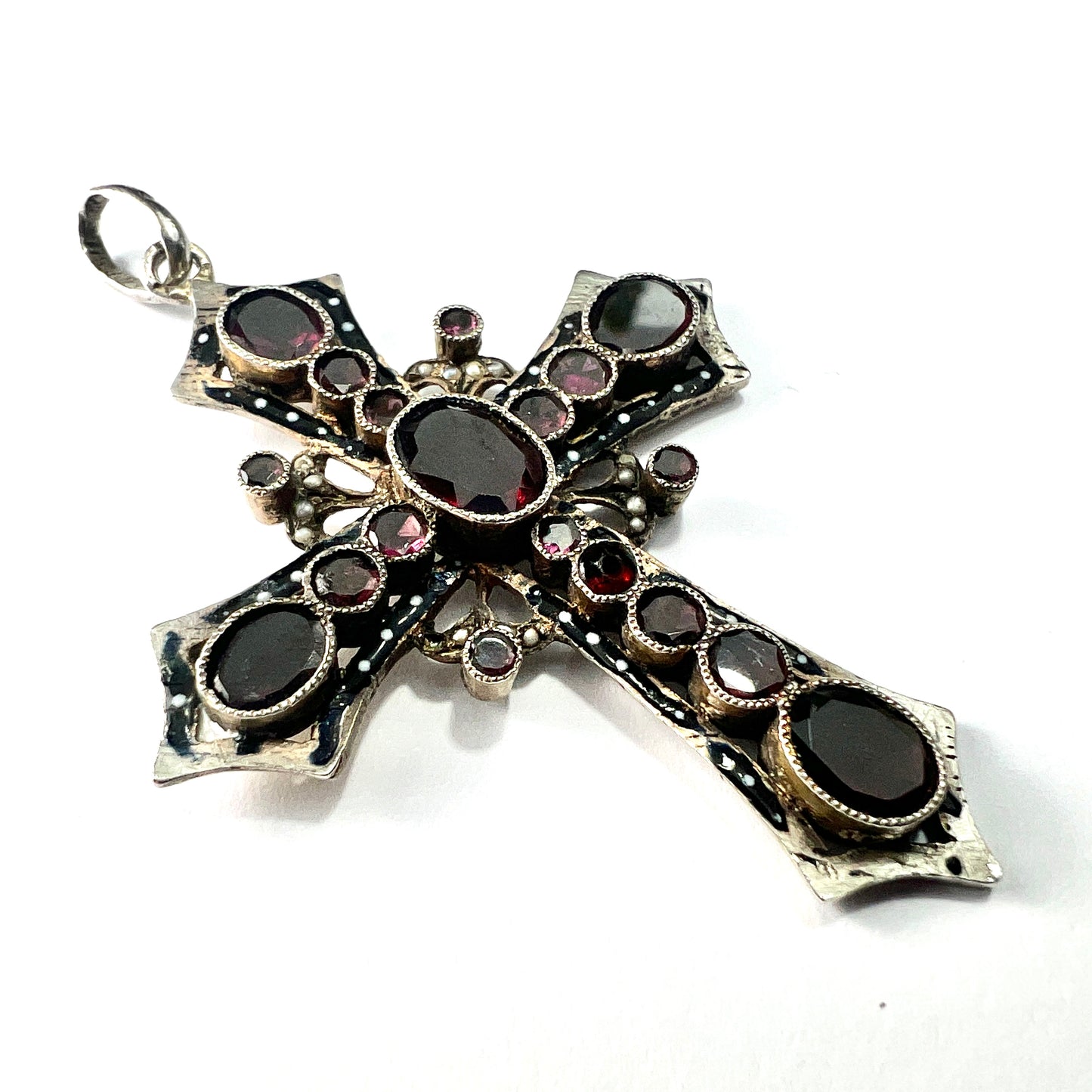 Georgian Large Garnet Silver Gothic Cross Pendant