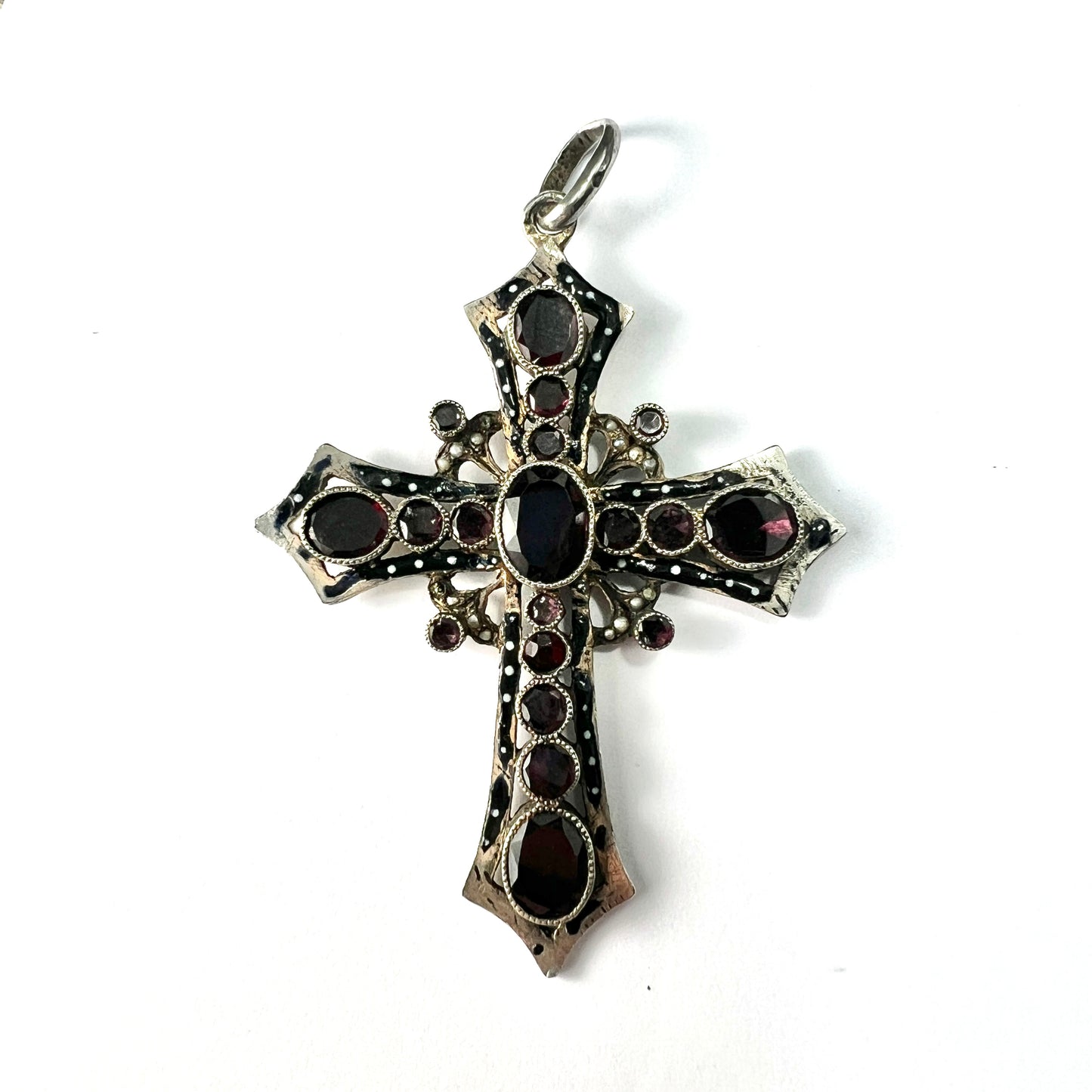 Georgian Large Garnet Silver Gothic Cross Pendant