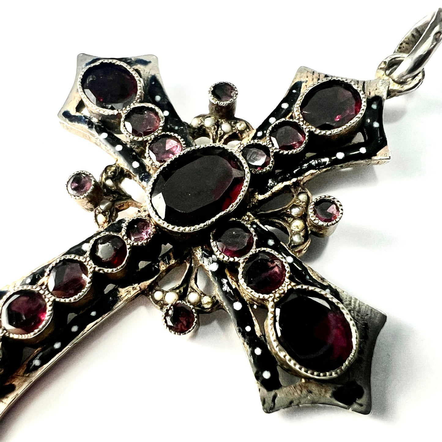 Georgian Large Garnet Silver Gothic Cross Pendant