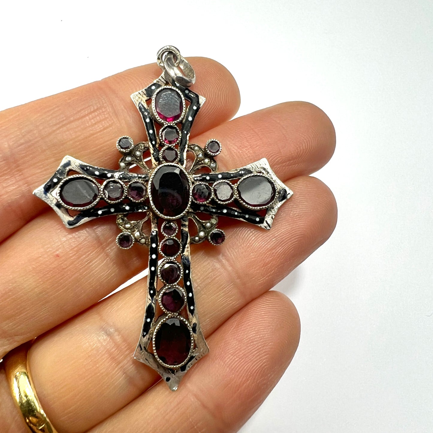 Georgian Large Garnet Silver Gothic Cross Pendant