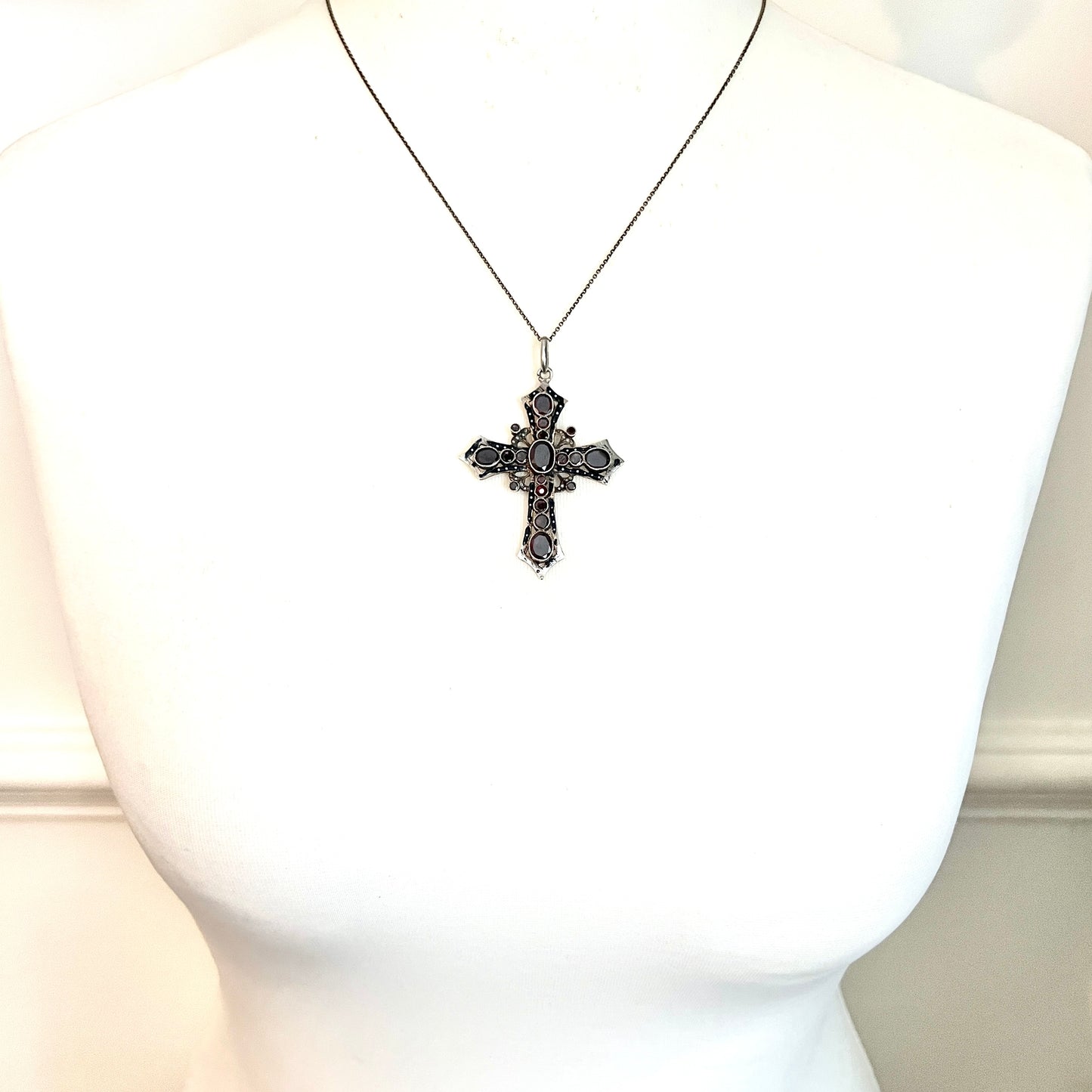 Georgian Large Garnet Silver Gothic Cross Pendant