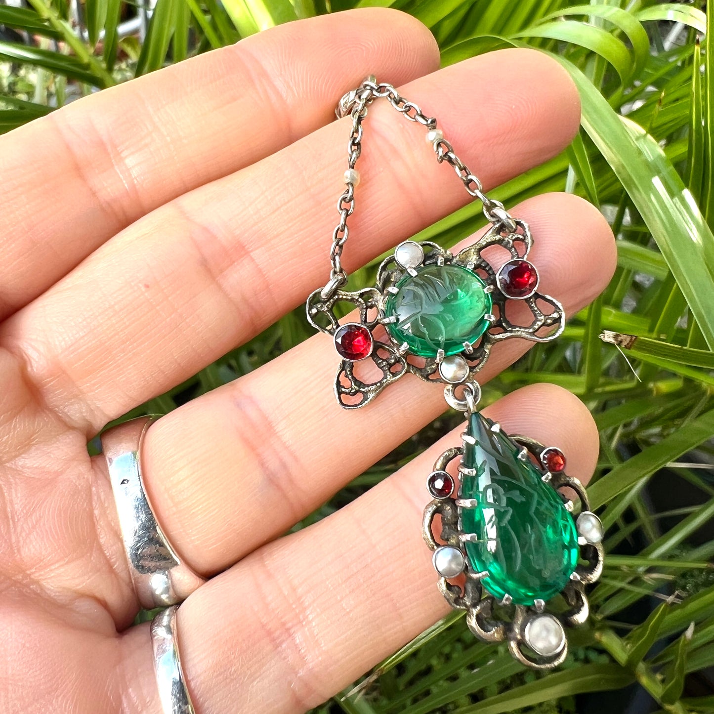 Arts & Crafts Austro-Hungarian Emerald Paste Silver Chain Pendant
