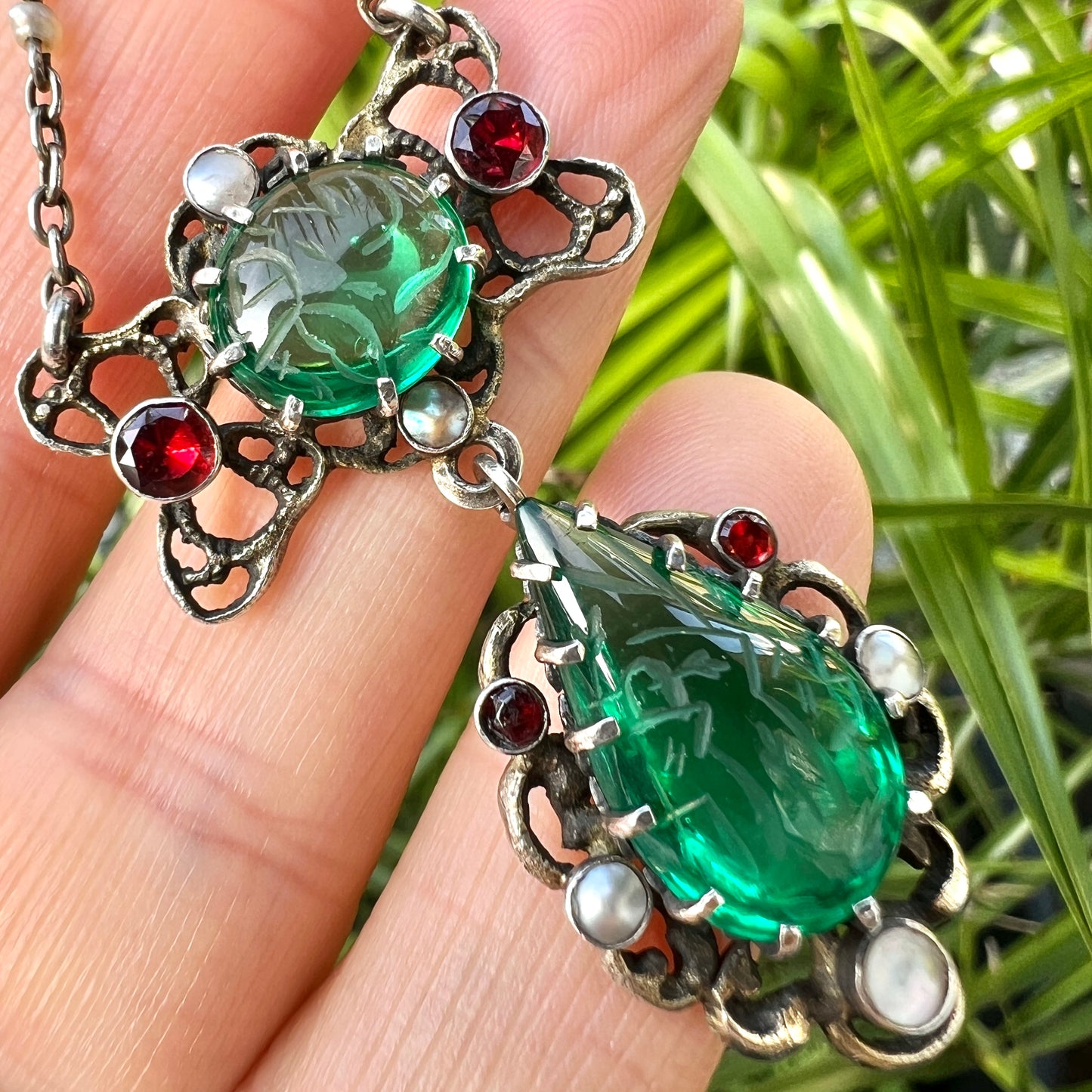 Arts & Crafts Austro-Hungarian Emerald Paste Silver Chain Pendant