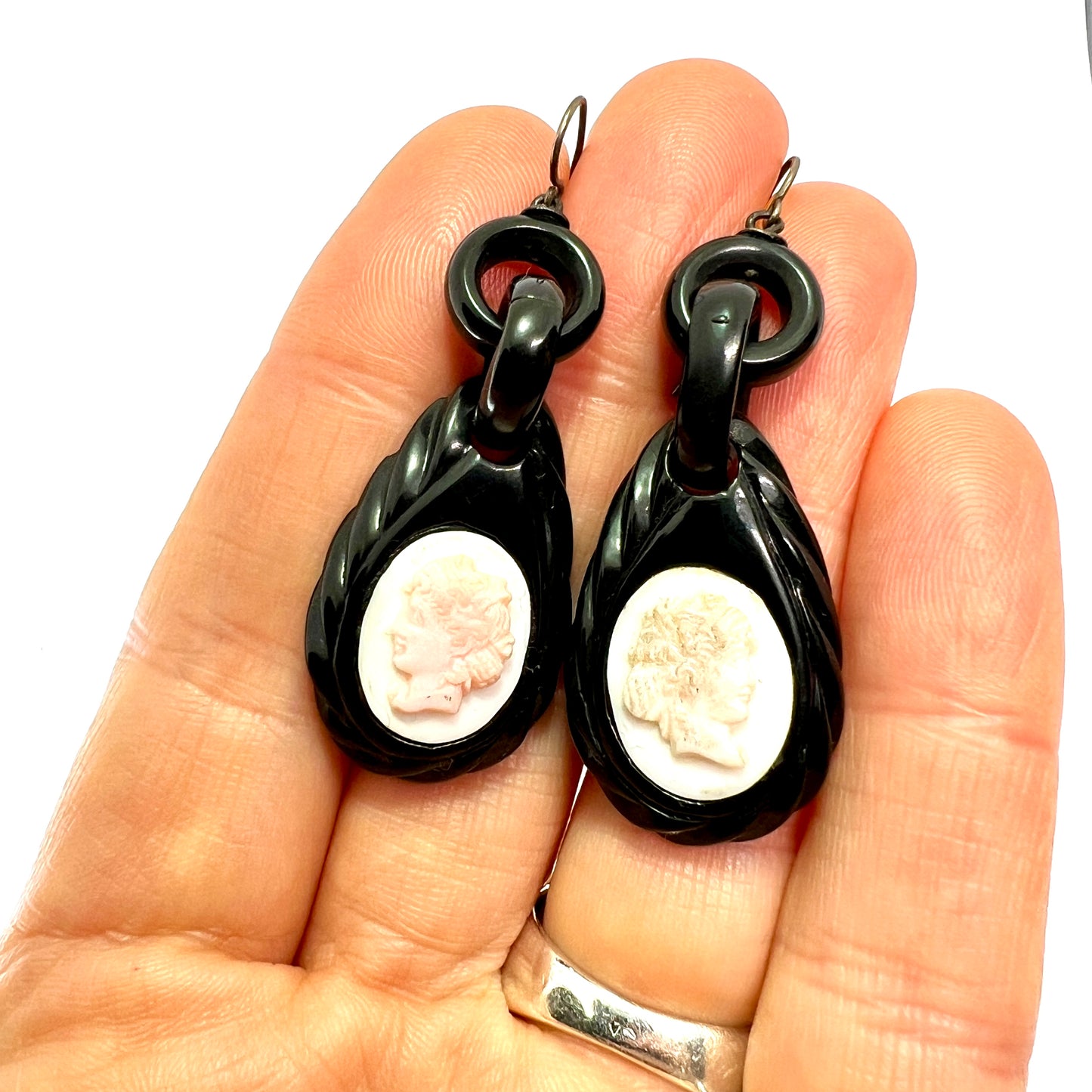 Victorian Carved Whitby Jet Cameo Earrings