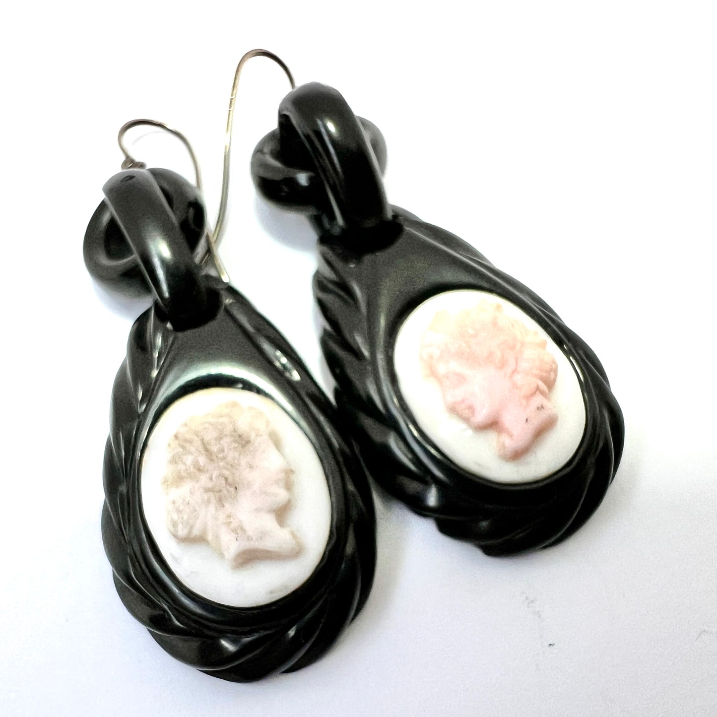 Victorian Carved Whitby Jet Cameo Earrings