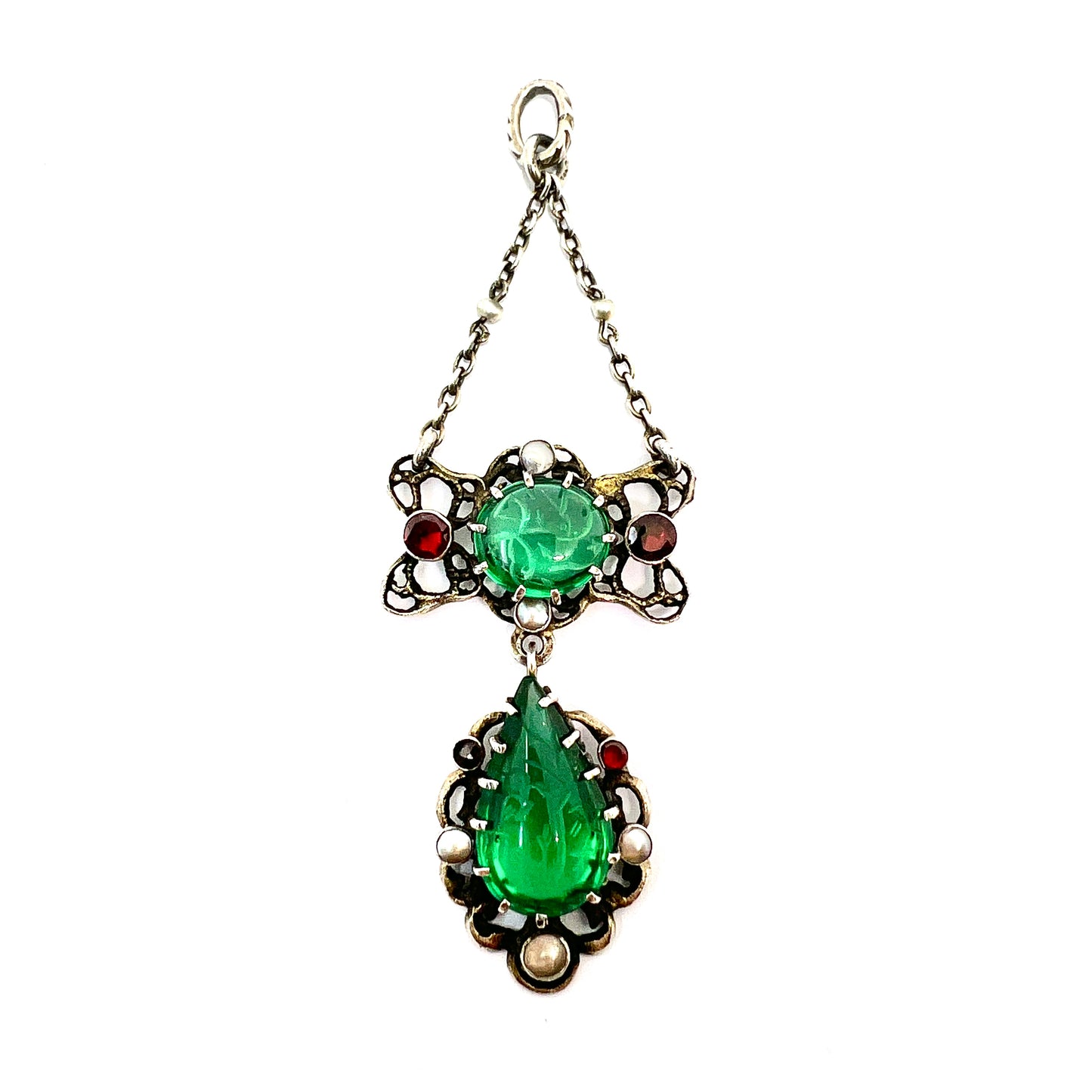 Arts & Crafts Austro-Hungarian Emerald Paste Silver Chain Pendant