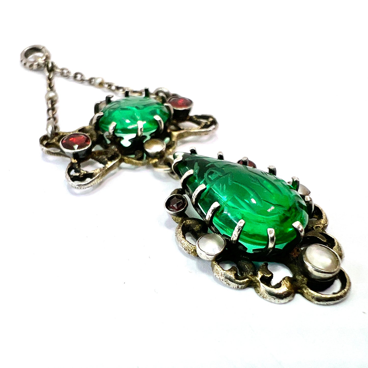 Arts & Crafts Austro-Hungarian Emerald Paste Silver Chain Pendant